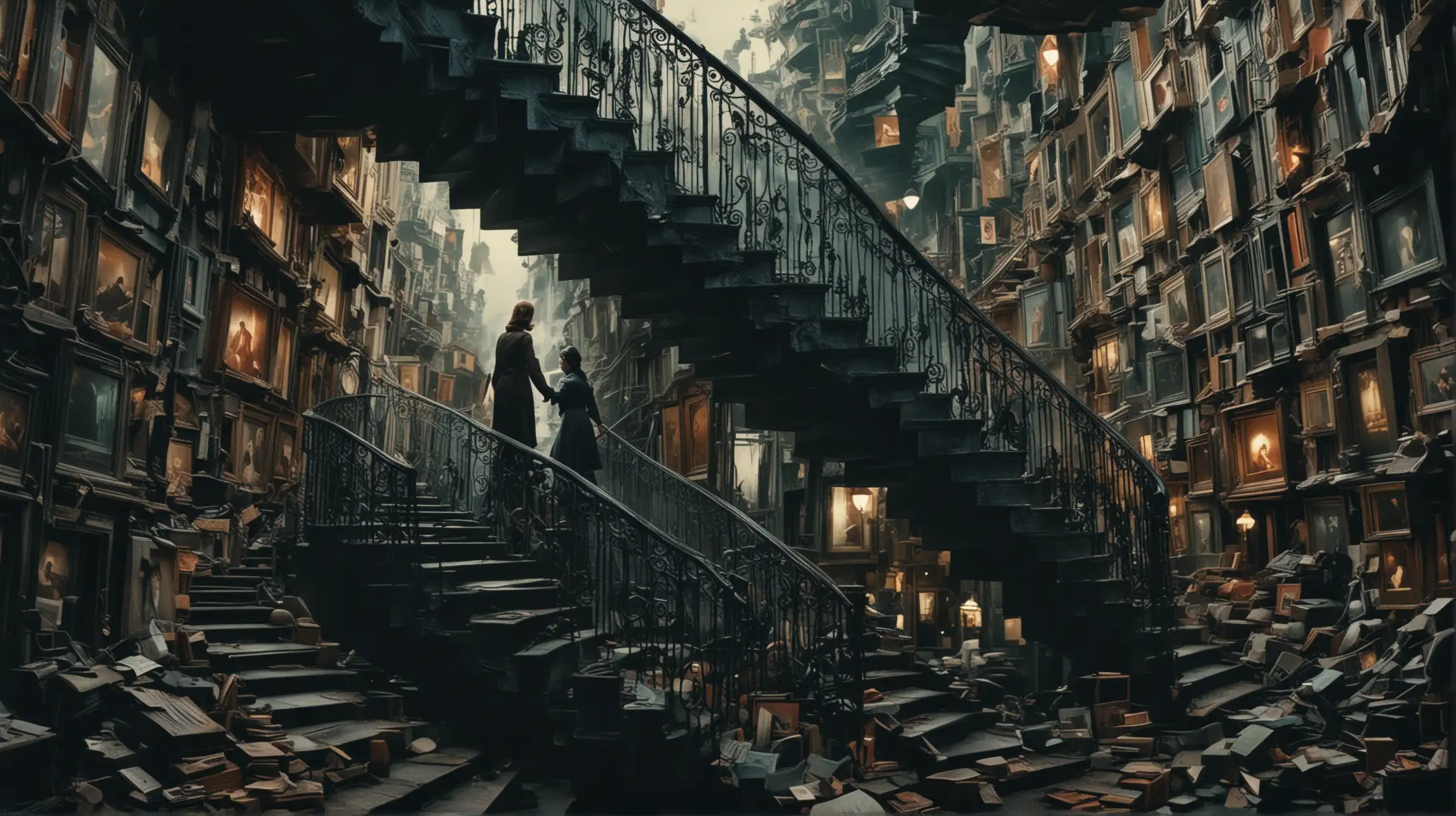 A chaotic yet mesmerizing collage of iconic scenes from mind-bending movies, featuring swirling staircases, fragmented faces, and dreamlike landscapes in a dark, moody color palette.
