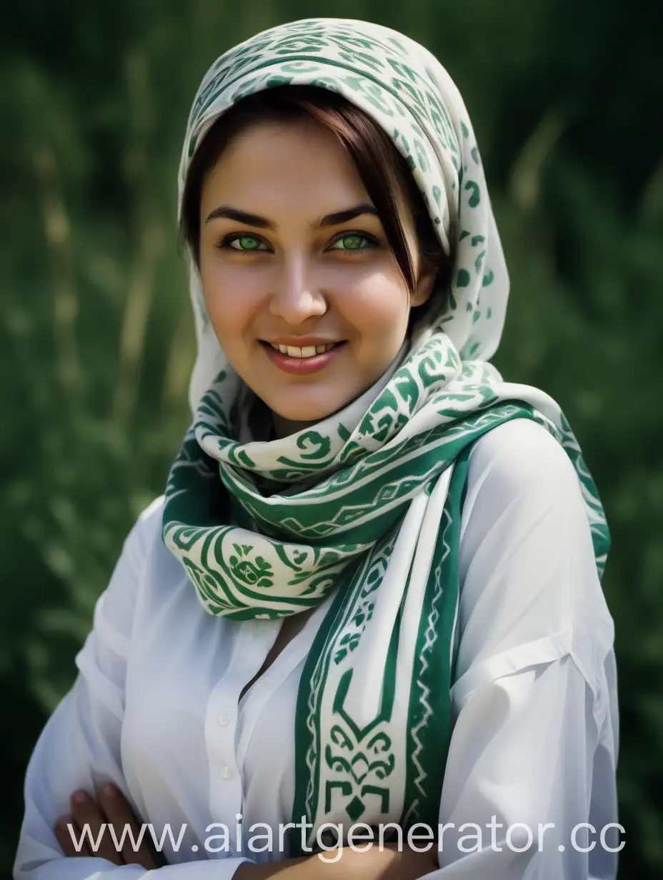 Uzbek girl, 30 years old. Archetype – mother, mistress of the house. Confident, welcoming, affectionate, caring, involved. Smiles affectionately. Green eyes. She is dressed in light clothes, white clothes, with a scarf made of khan-atlas or ikat on her head. Full-length photo or torso.