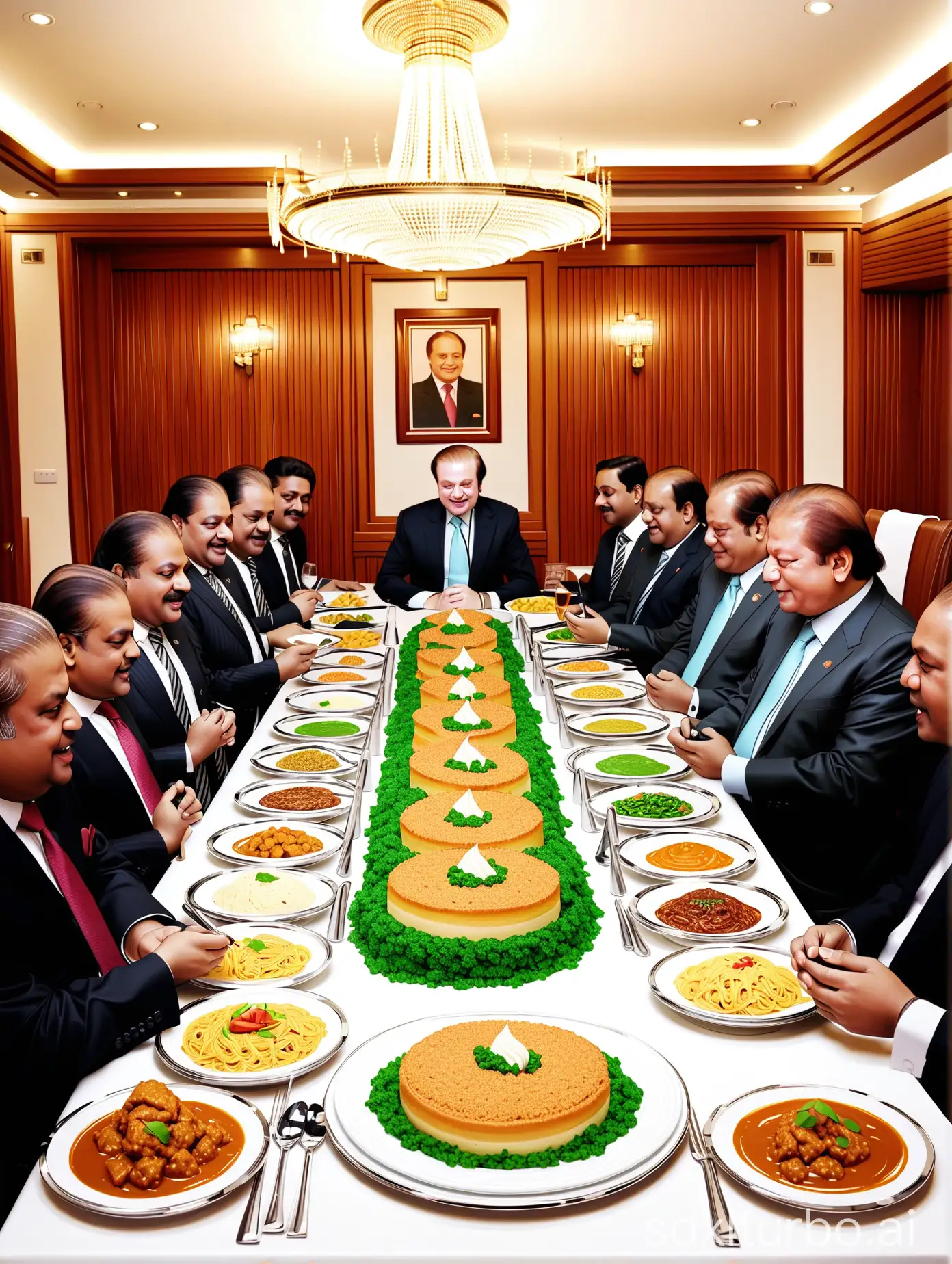 Nawaz Sharif eating lavish food at big dinning table