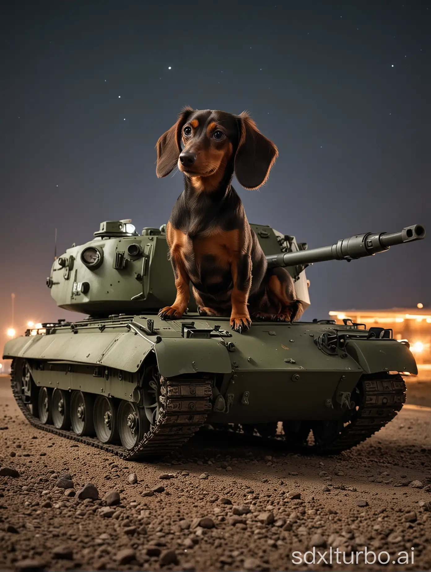 Perro teckel sobre un tanque de guerra moderno en la noche 