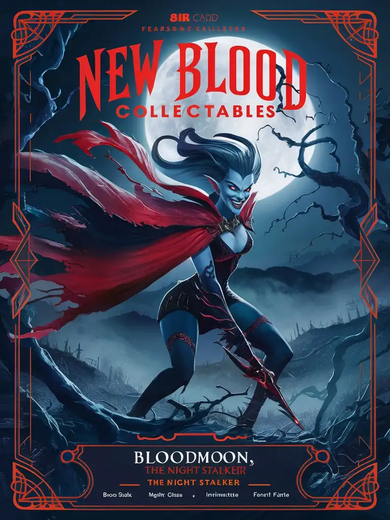 Design an 8k card with the bold title: 'New Blood Collectables,' featuring "Bloodmoon, the Night Stalker" Species "Vampiric" Include a detailed 8k background and an intricate border with a glossy finish.
Stats:
Strength: 8/10
Speed: 9/10
Intelligence: 7/10
Fear Factor: 9/10
Abilities:
Blood Slash: Bloodmoon’s claws become razor-sharp, dealing massive damage.
Night Cloak: She becomes invisible in the darkness.
Vampiric Bite: Bloodmoon can drain the life force of her enemies to heal herself.
Moonlit Fury: She gains increased strength and speed under the moonlight.
Description: Bloodmoon is a fierce night stalker who uses her vampiric abilities to hunt down her enemies and protect the night.