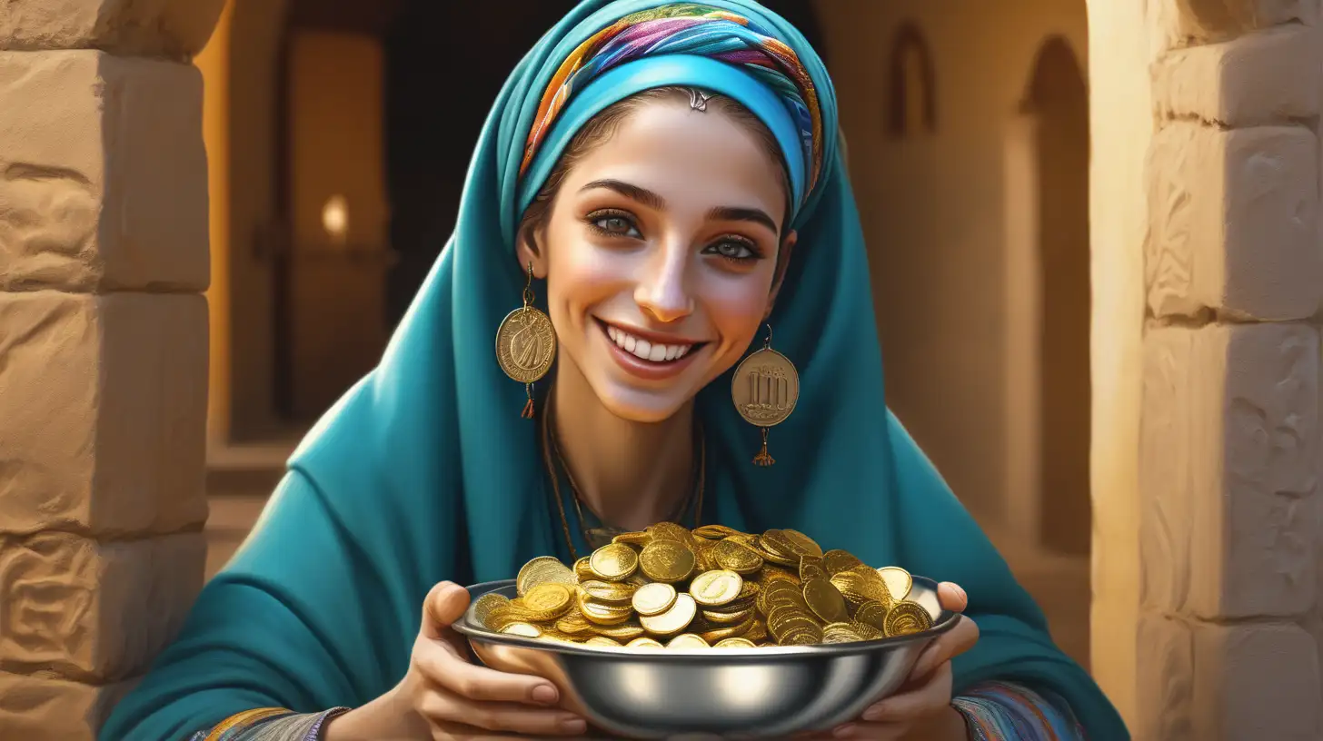 Biblical Era Hebrew Woman Holding Silver Bowl of Gold Coins