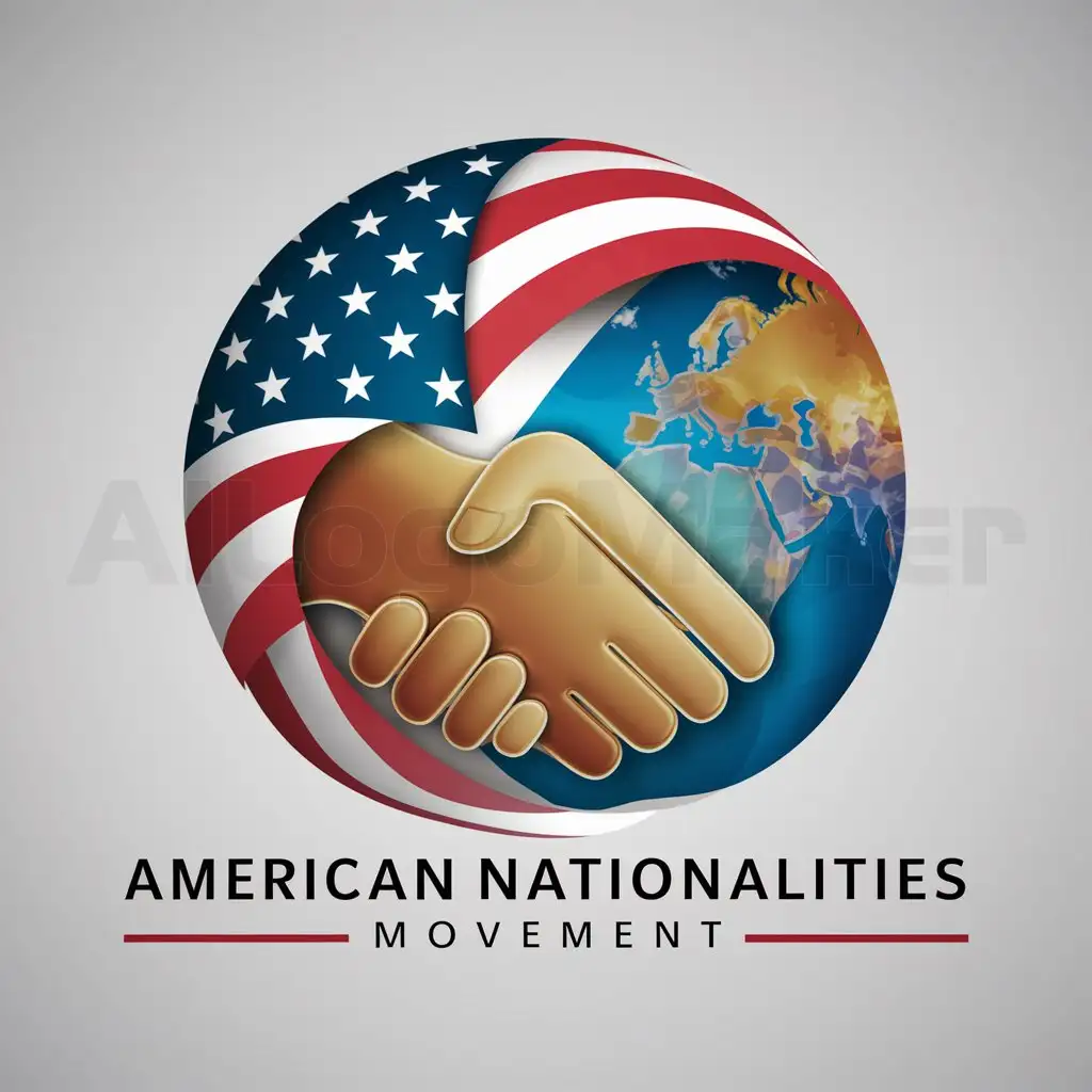 a logo design,with the text "American Nationalities Movement", main symbol:American and world flag with shaking hands in the middle,Moderate,clear background