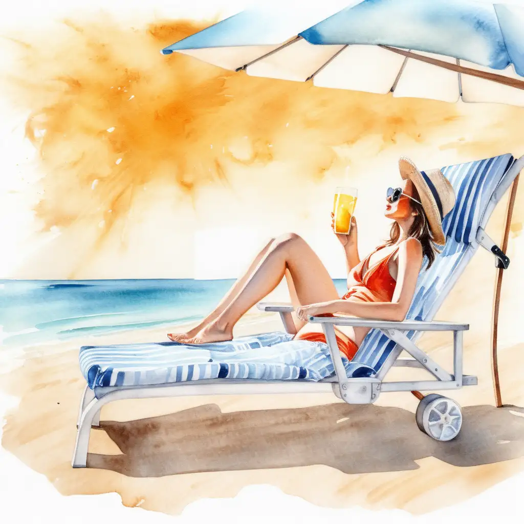 En vacker kvinna sitter i en solstol och njuter i solen , med vattenfärg 
