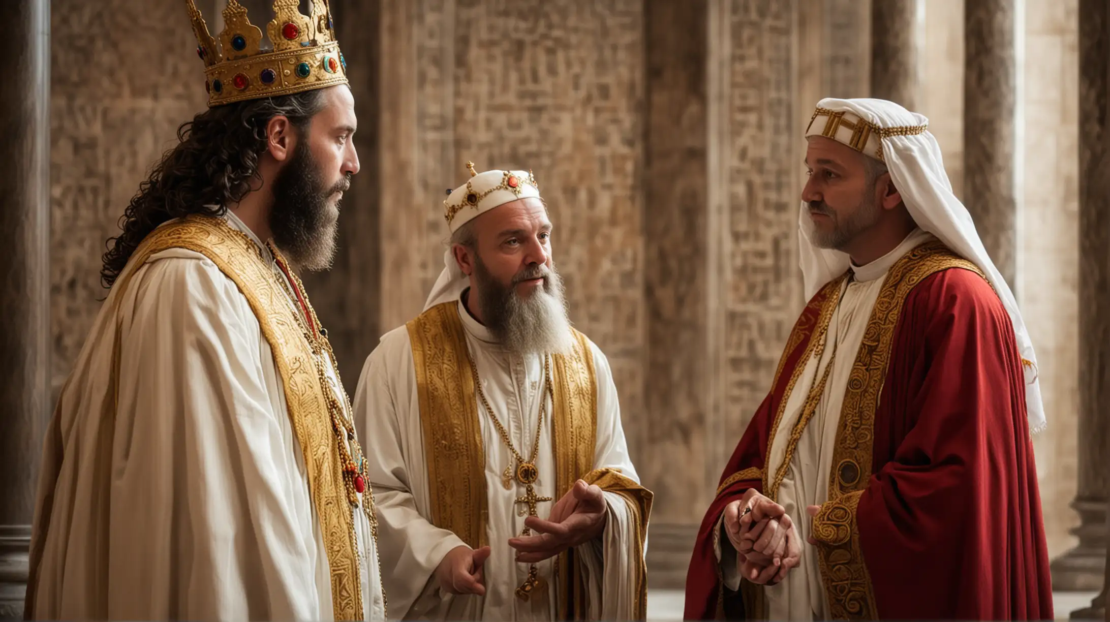 a closeup of 2 Levitical Priests talking to a middle aged King in the Jewish Temple. Set during the Biblical era.