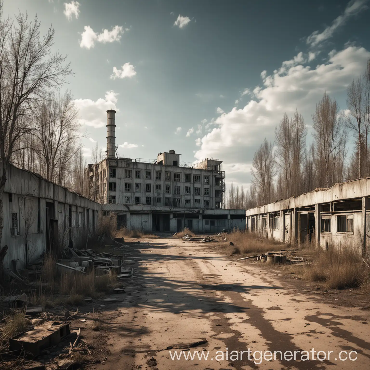 Нарисуй фото базы ЧВК в зоне ЧЗО (Чернобыльской Зоны Отчуждения) как в серии игр STALKER, где-то в заброшенном городе
