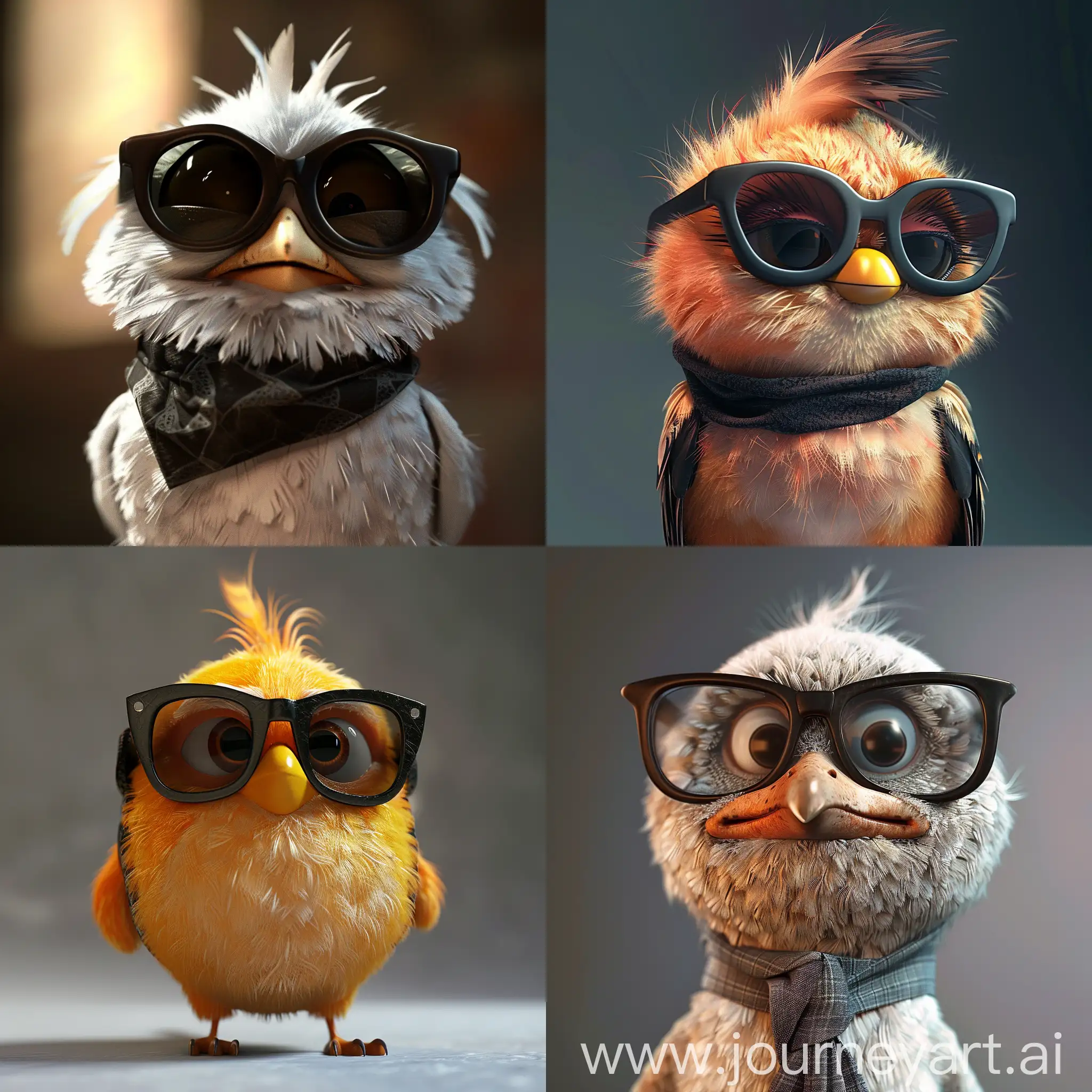 The bird is a smuggler Twitter X, the cool one with the black glasses, style pixar 3D