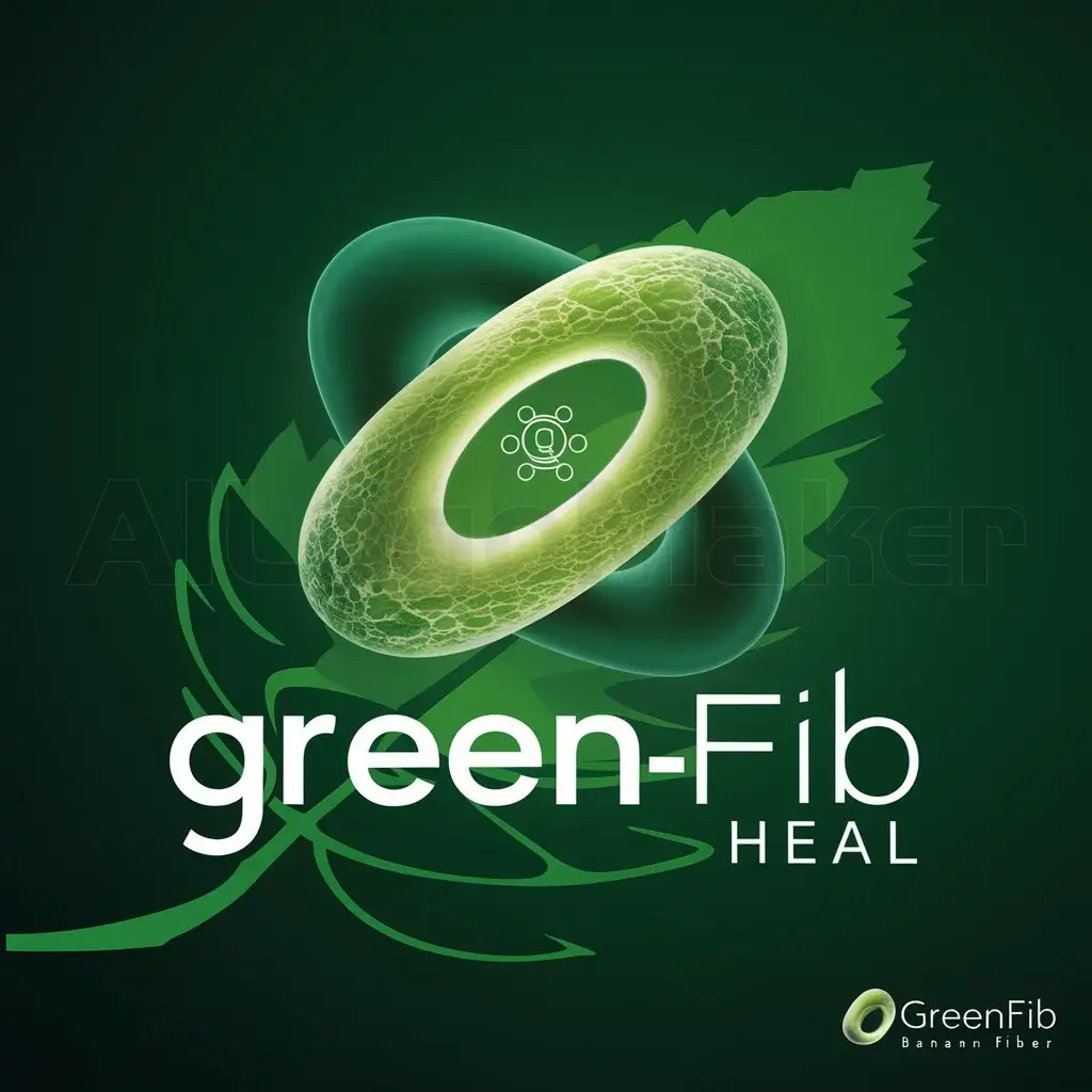 a logo design,with the text "Name: GreenFib Heal (GreenFib Heal)nnDesign Principle:nnEco-friendly - The logo should convey the concept of nature and environmental protection, using green as the main color to represent the natural property of banana fiber and the eco-friendliness of the product.nResearch Essence - Highlight nanotechnology and innovative medical research, it is possible to incorporate the microscopic structure pattern of nano-fiber material into the logo, such as the network structure of nano-fiber.", main symbol:Main image - Use a looped, cell-like structure graphic to symbolize skin regeneration and wound healing. Color - Adopt a deep to light green gradient to express hierarchy and convey the concept of ecology and growth. Text - The 'GreenFib Heal' font can be used in simple modern characters, and 'GreenFib Heal' can be written below in small characters with white or light gray color to ensure readability on a green background. Icon - A simple banana leaf or banana tree outline can be designed as the background pattern to emphasize the natural properties of the material. Tech feel - A high-tech miniature logo, such as a nano symbol, can be embedded in a part of the logo, such as the center of the looped graphic.,Moderate,be used in Technology industry,clear background