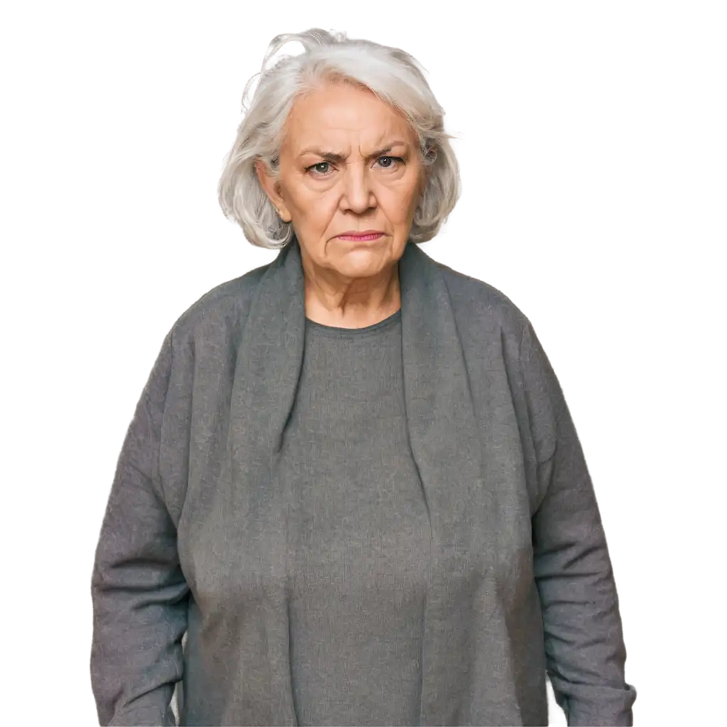 headshot of a very old grumpy woman facing camera