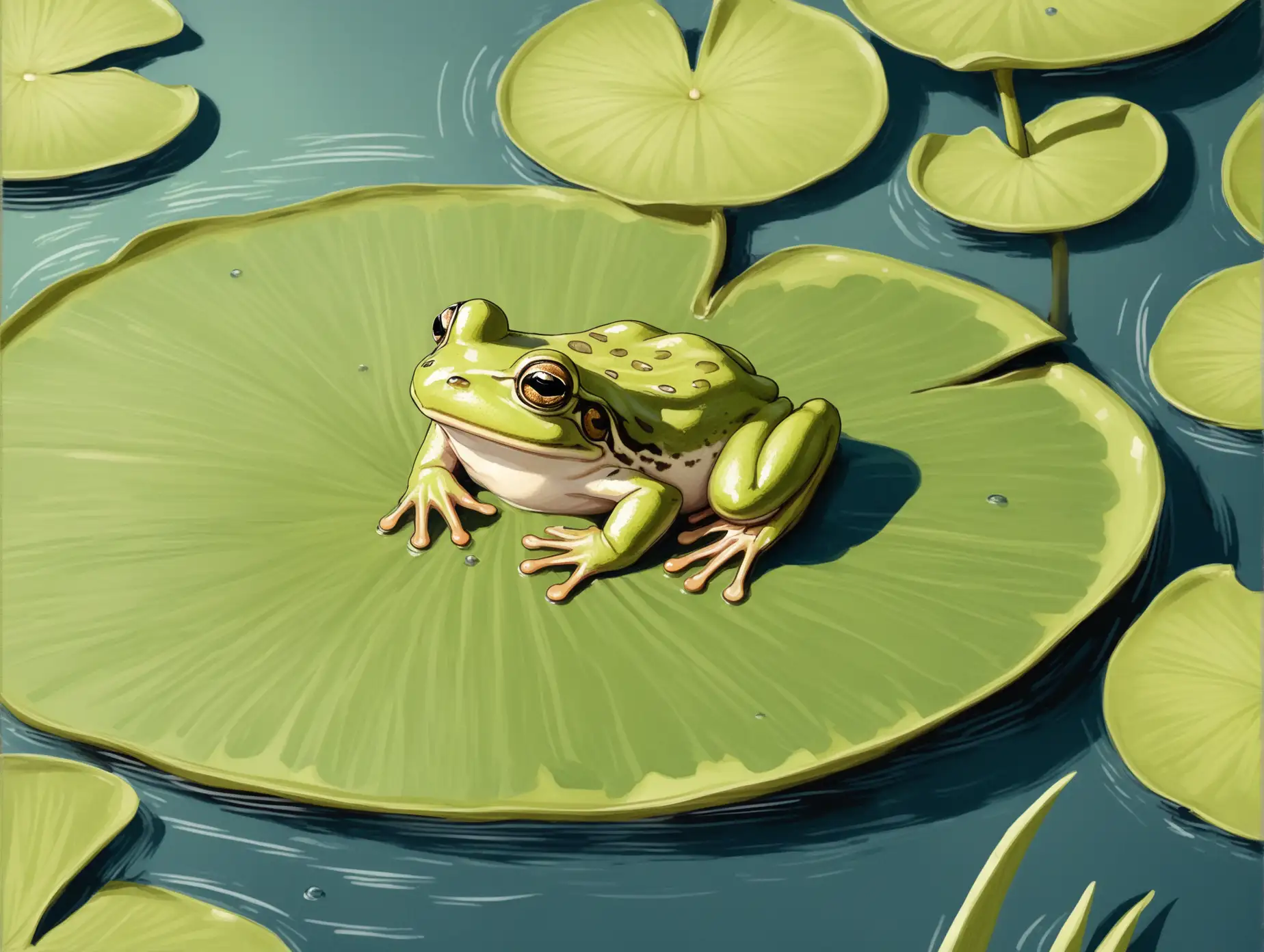 Young Frog Sitting on a Lily Pad in a Serene Pond