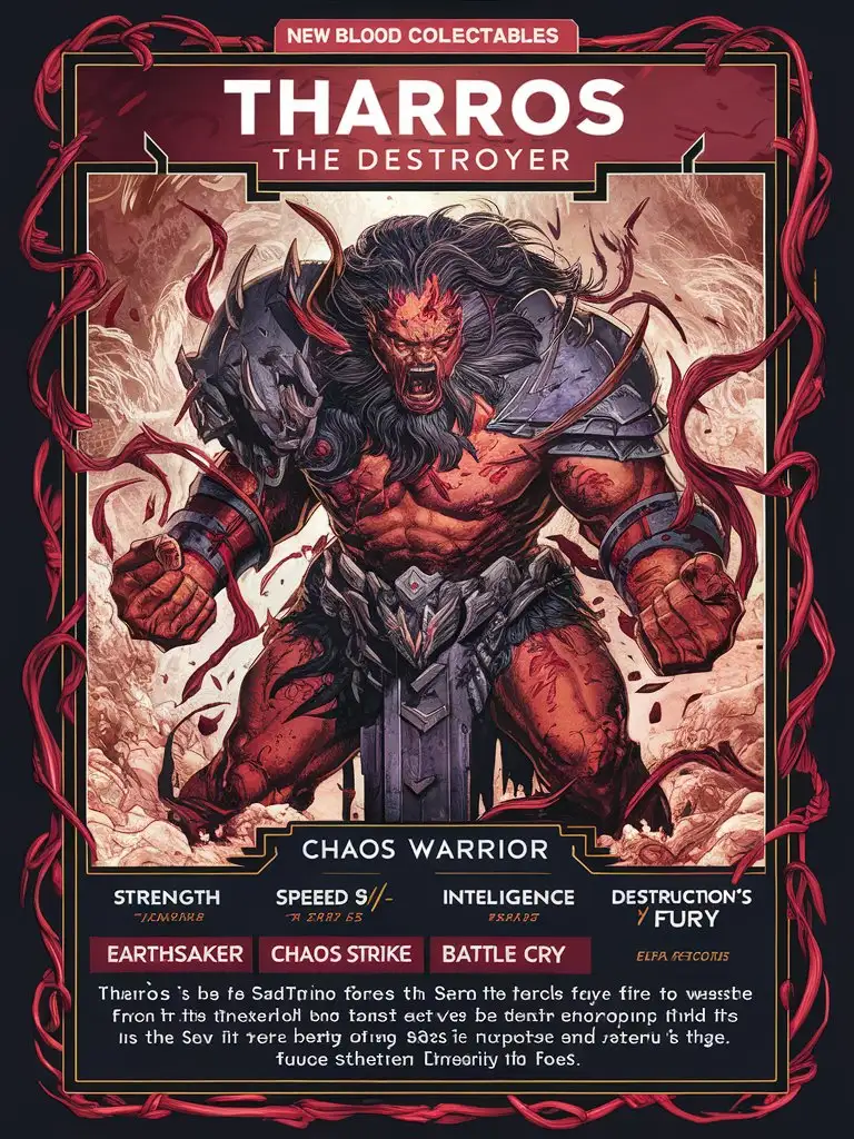 design a 8k card bold title: 'new blood collectables' featuring"Tharros, the Destroyer
" the "Chaos Warrior" with a detailed illustration, chaos border
Stats:
- Strength: 9/10
- Speed: 8/10
- Intelligence: 5/10
- Fear Factor: 9/10
Abilities:
- Earthshaker: Tharros's presence causes the earth to shudder, stunning enemies and damaging structures
- Chaos Strike: Tharros's sword strikes fear into the hearts of his enemies, dealing massive damage
- Battle Cry: Tharros's war cry boosts nearby allies' strength and speed
- Destruction's Fury: Tharros enters a state of fury, increasing his strength and speed
Description: Tharros is a fearsome warrior forged from the depths of chaos. His very presence causes the earth to shudder, and his sword strikes fear into the hearts of his enemies.