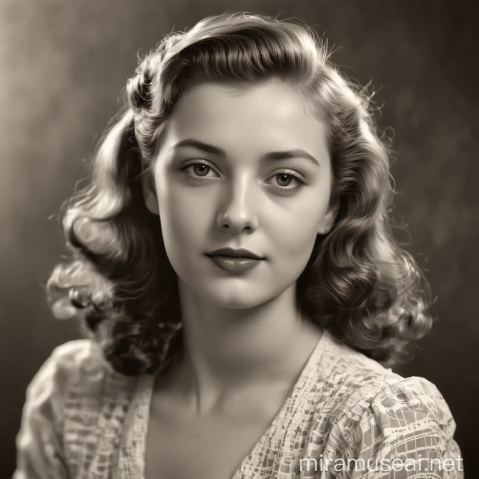 1940s Vintage Portrait of a Beautiful Young Woman in Realistic Black and White Photograph