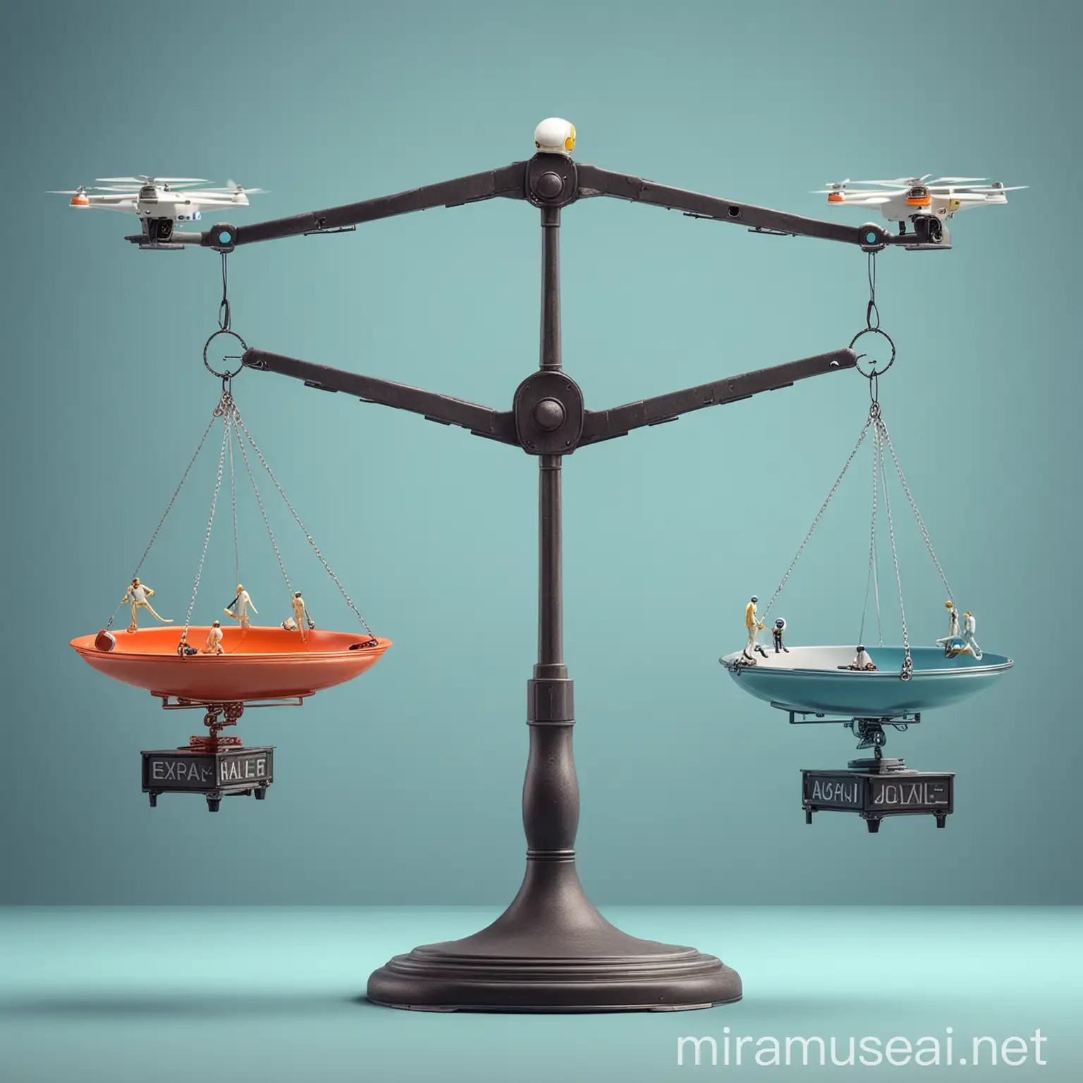 balance scale weighing drones and algorithms on the one side and humanity on the other side; digitalisation of society; aviation and security; justice and fairness; happy colours positive future, light, nice details 