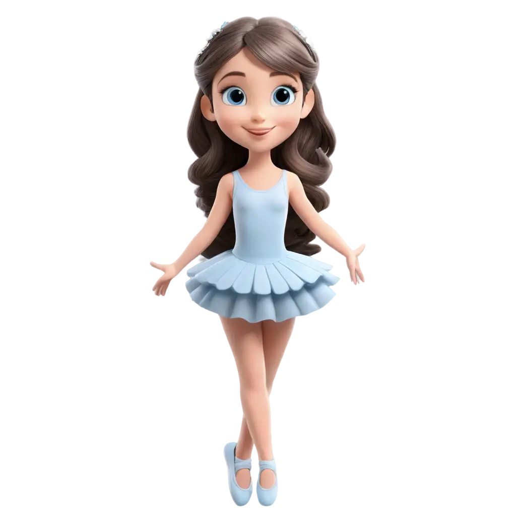 a cute ballerina little girl cartoon in pastel blue color with long braided hair smiling face and fair skin big cute eyes
