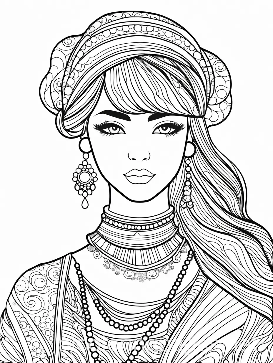 a decora style fashionista woman , Coloring Page, black and white, line art, white background, Simplicity, Ample White Space. The background of the coloring page is plain white to make it easy for young children to color within the lines. The outlines of all the subjects are easy to distinguish, making it simple for kids to color without too much difficulty