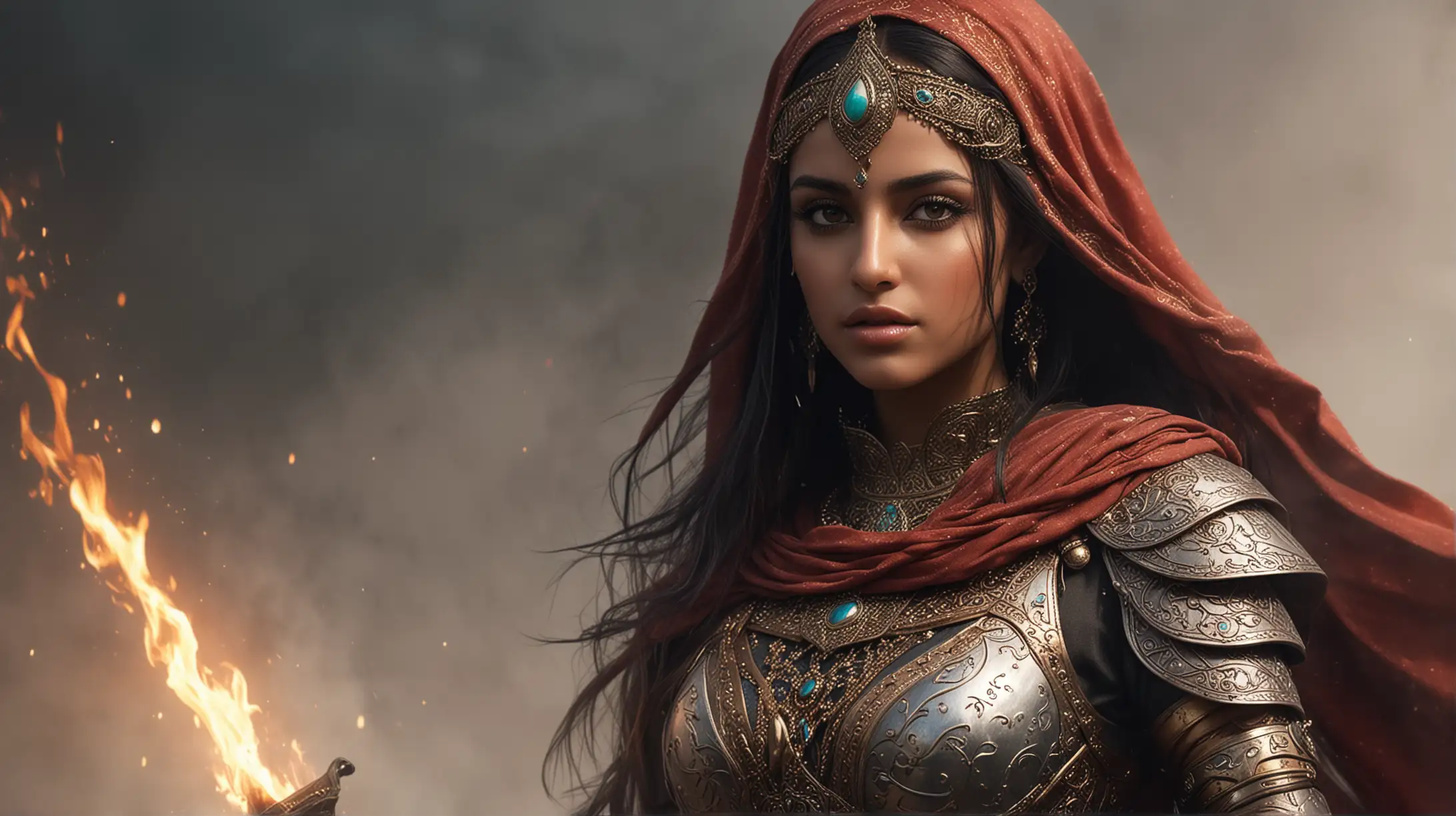 Mariam Said as Arabian princess warrior, detailed armor, magic, fire, fog