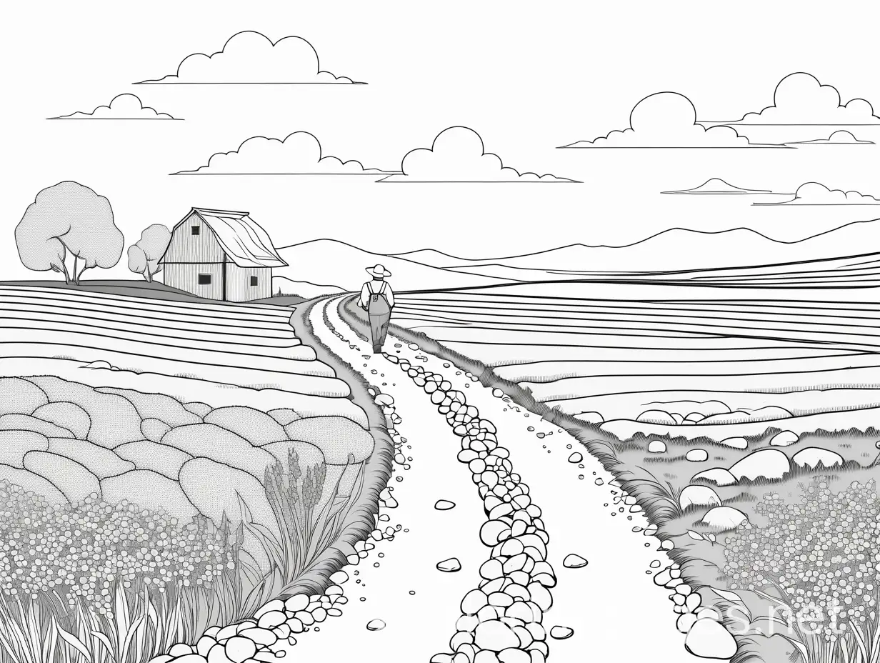 A farmer stood on a path scattering seed by hand. There are weeds and stones at one side of the path, Coloring Page, black and white, line art, white background, Simplicity, Ample White Space. The background of the coloring page is plain white to make it easy for young children to color within the lines. The outlines of all the subjects are easy to distinguish, making it simple for kids to color without too much difficulty