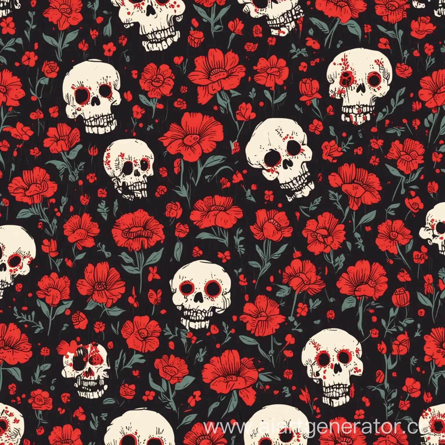 Minimalist-Skull-Seamless-Pattern-with-Red-Flowers-and-Bones