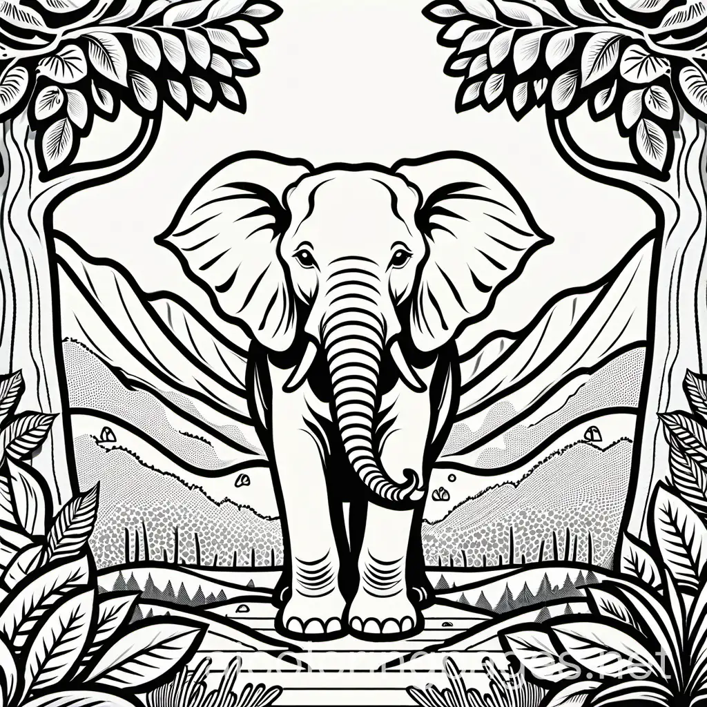 Elephant in the forest,, style of coloring book, vector lines, black and white, detailed line work, fill frame, edge to edge, clip art white background, no shading., Coloring Page, black and white, line art, white background, Simplicity, Ample White Space. The background of the coloring page is plain white to make it easy for young children to color within the lines. The outlines of all the subjects are easy to distinguish, making it simple for kids to color without too much difficulty