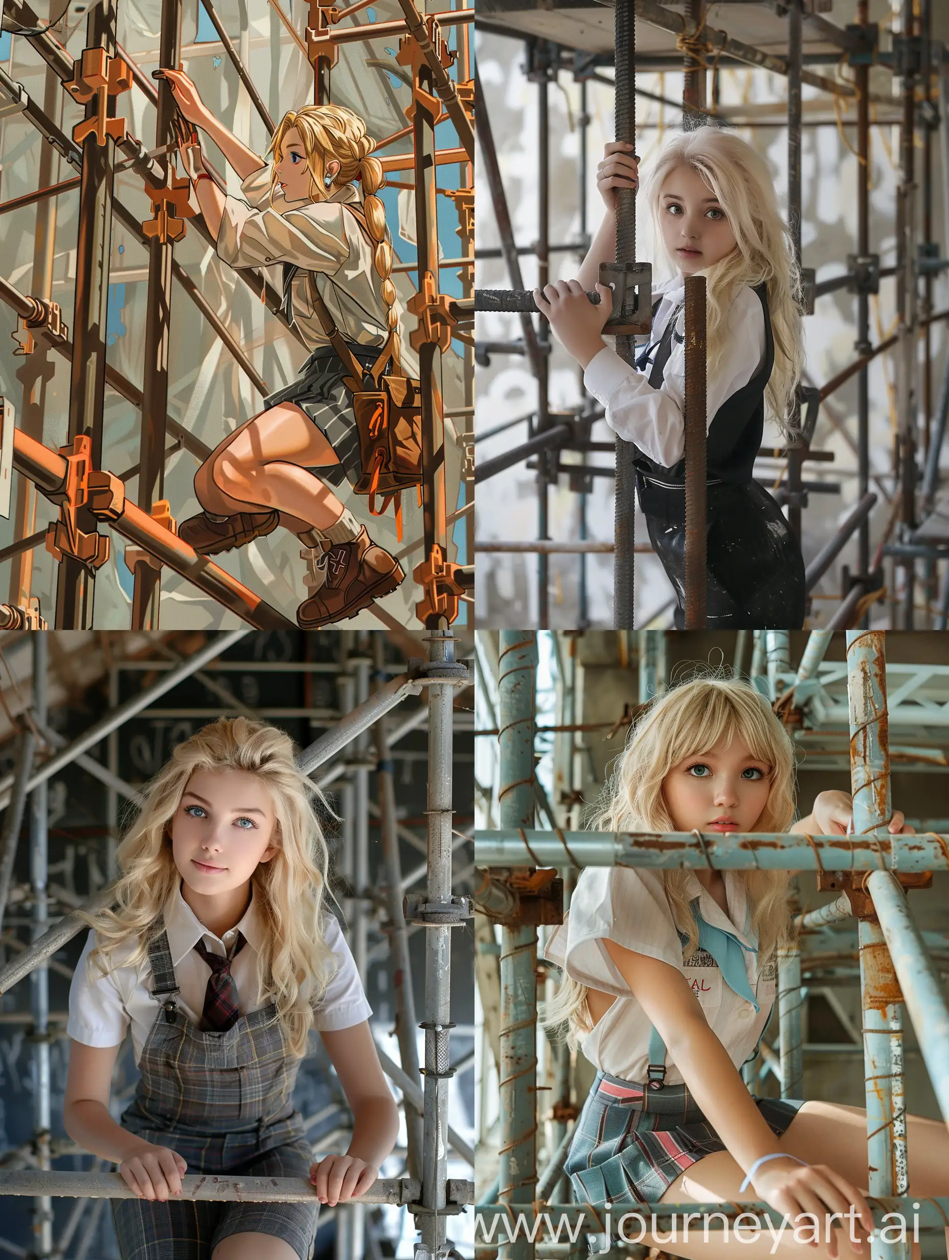 beauty girl, blonde hair, 19 years old, school uniform, is working on a steel scaffolding under construction, 