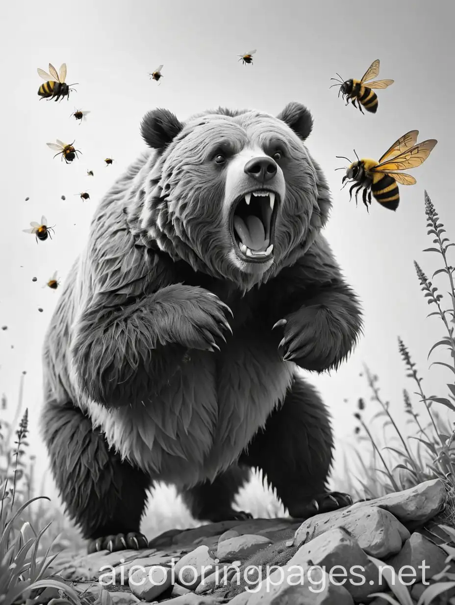 Grizzly Bear getting stung by a bumblebee, Coloring Page, black and white, line art, white background, Simplicity, Ample White Space. The background of the coloring page is plain white to make it easy for young children to color within the lines. The outlines of all the subjects are easy to distinguish, making it simple for kids to color without too much difficulty