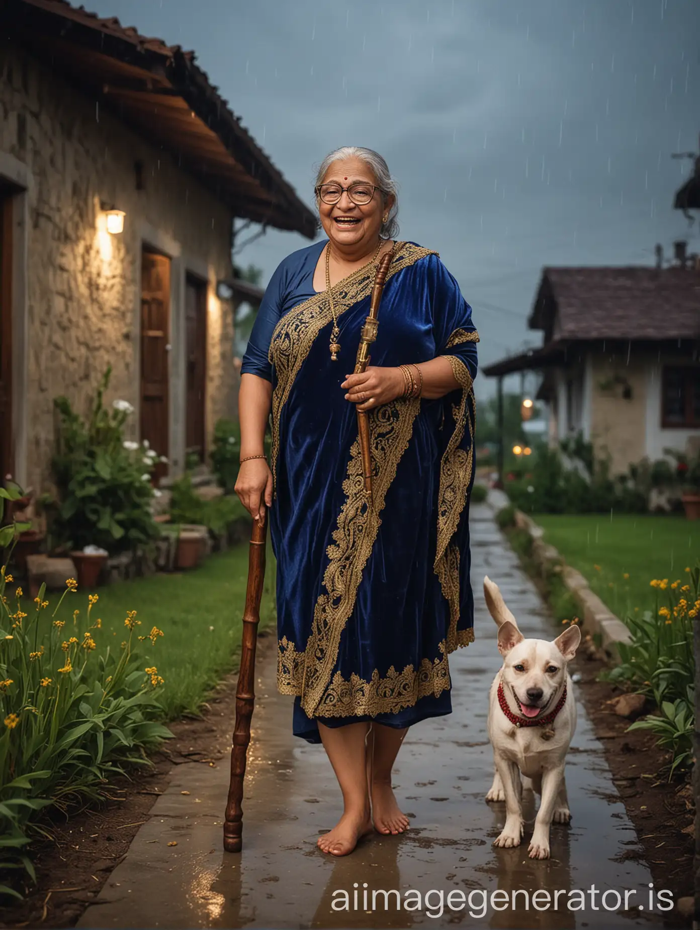 sweet faced old desi very fat woman walking with a wooden walking stick wearing a blue velvet towel on her body and a golden neck lace and a spectacles. she is happy and laughing . she is standing with her dog . its night time and in background there is a luxurious farm house with bulb light and luxurious house with flowers and grass and concrete floor and its raining. she is wearing golden sleepers on feet.