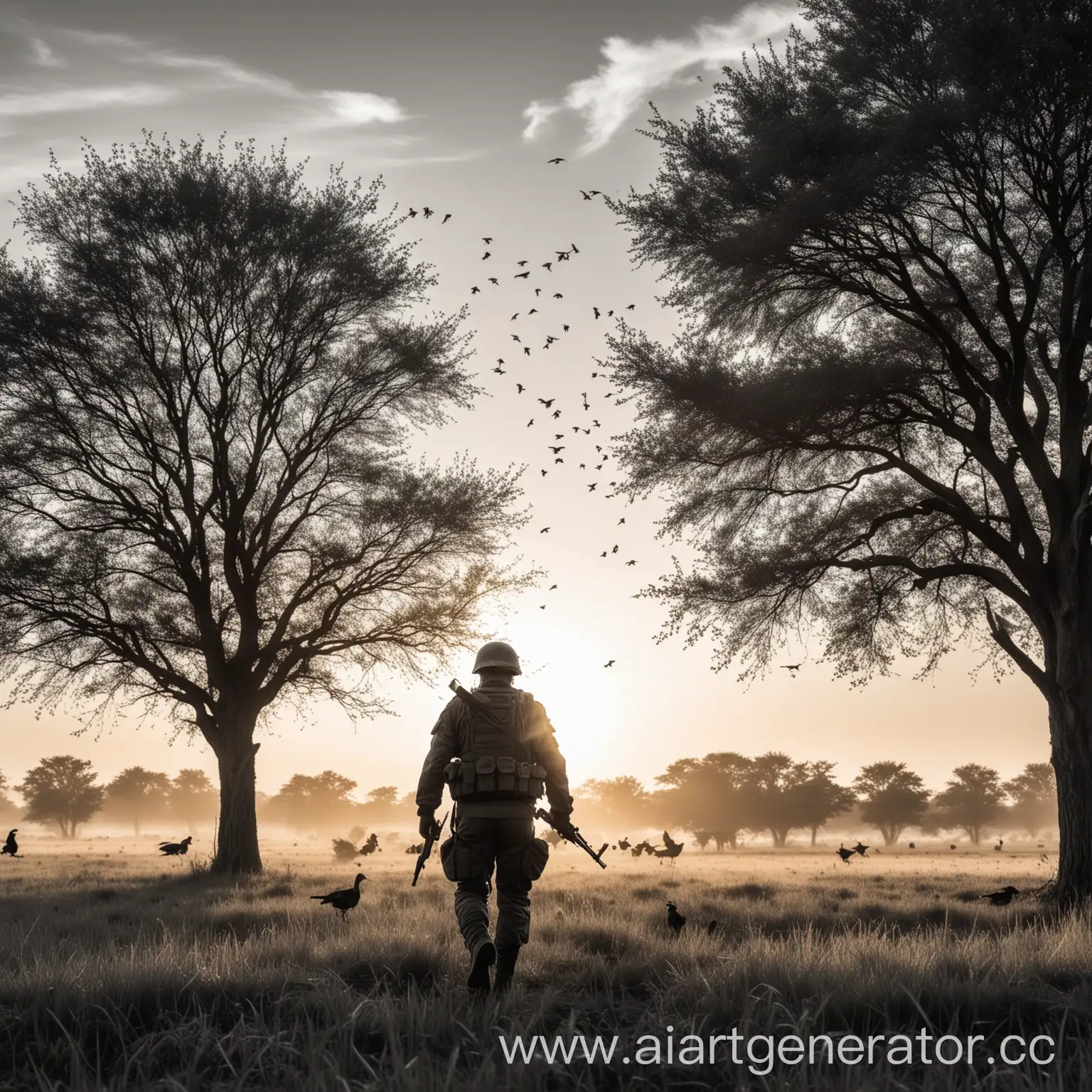 Modern-Soldier-with-AK47-Walking-into-Sunset-in-Field