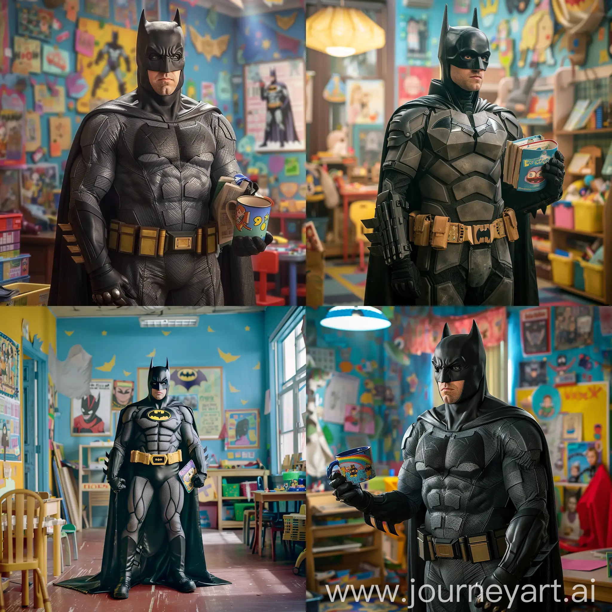 Ryan Gosling as Batman stands in a bright and colorful kindergarten classroom. He's wearing his Batman costume but also has a school bag slung over one shoulder and a whimsical mug in one hand. In the other hand, he holds a playful children's book. In the background, there's a large, funny poster featuring Batman. The kindergarten is filled with vibrant, child-like art, toys, and educational materials, creating a lively and engaging setting for this unconventional superhero moment 
