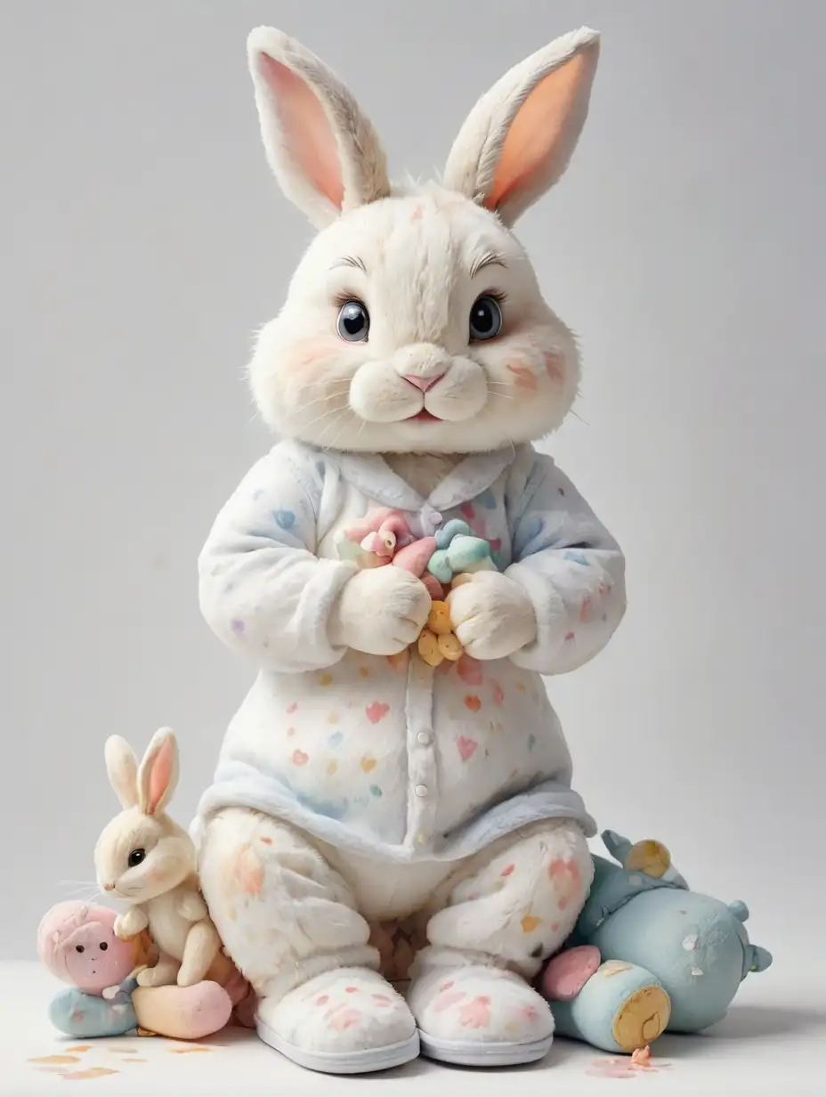 watercolor bunny is standing in white slippers hugging a toy bunny on white background