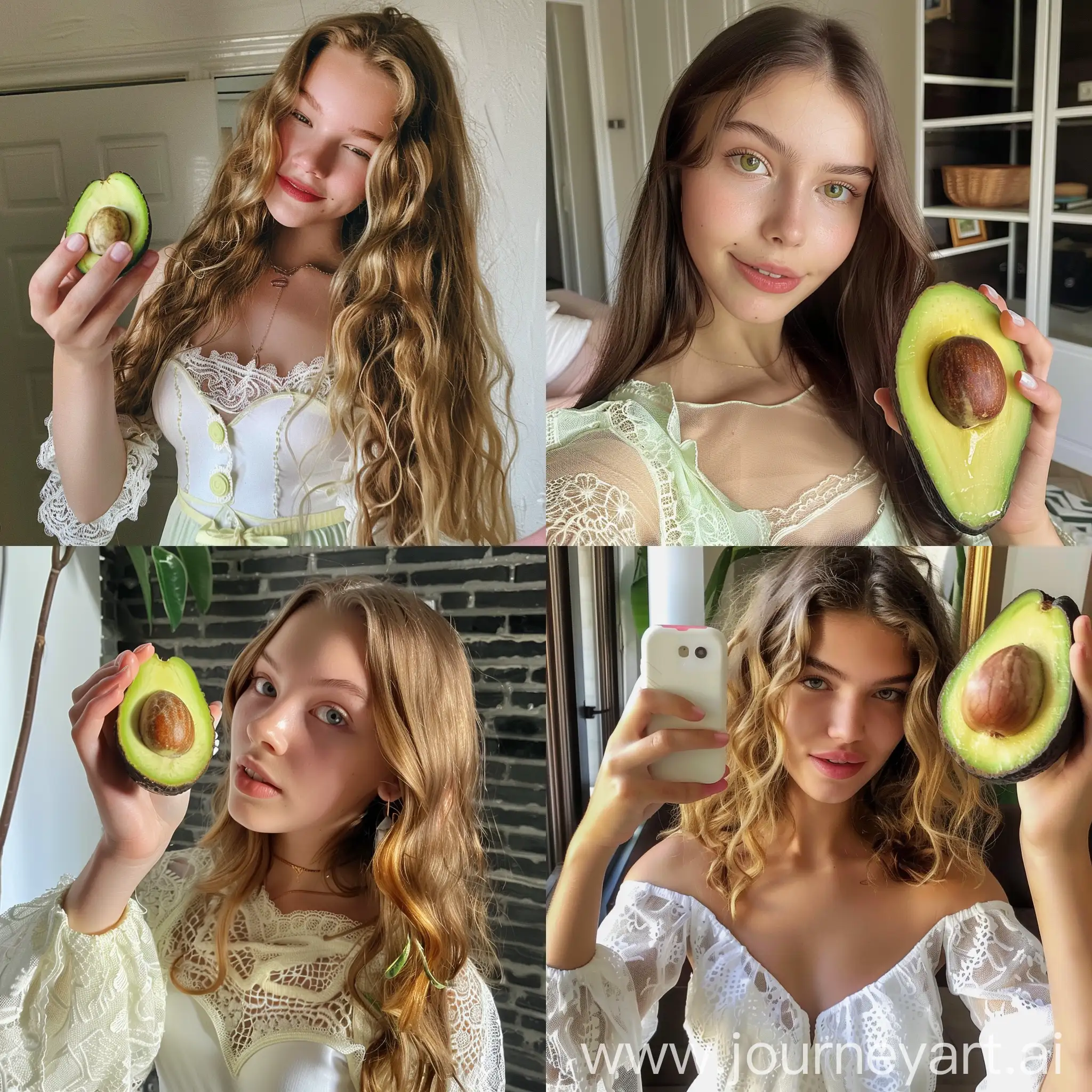 A typical Instagram selfie of a young girl showing her audience an avocado. lace, influencer.