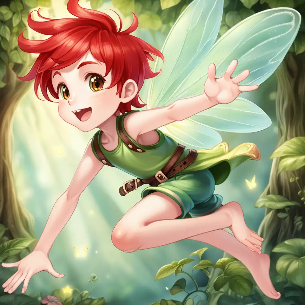 RedHaired Boy Fairy Soaring Through Enchanted Forest