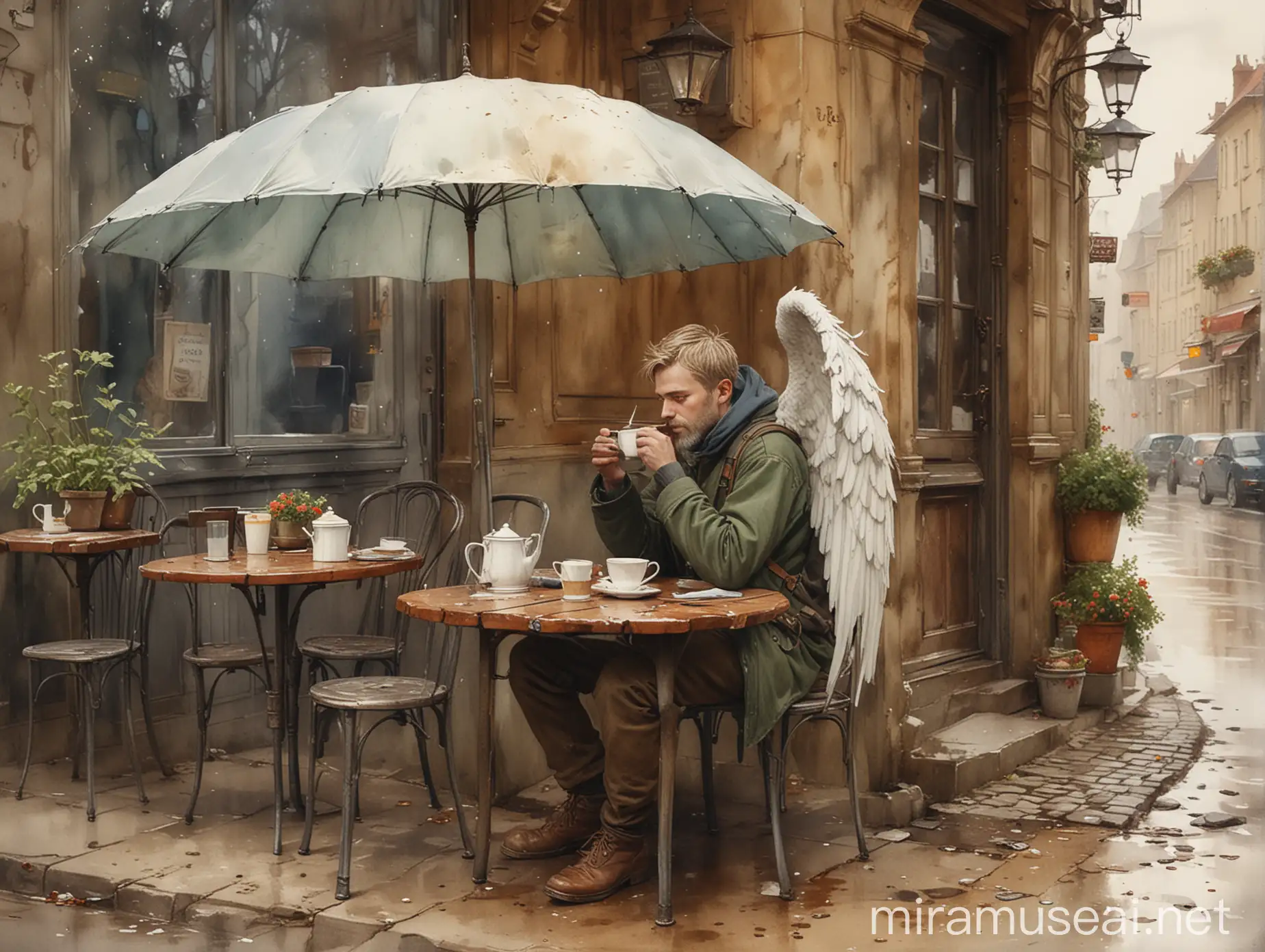 Urban Angel Sipping Tea at Quaint Cafe with Vintage Umbrella
