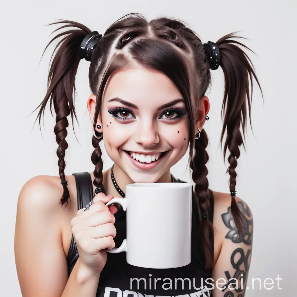Smiling Rocker Girl with Pigtails Holding White Mug on White Background