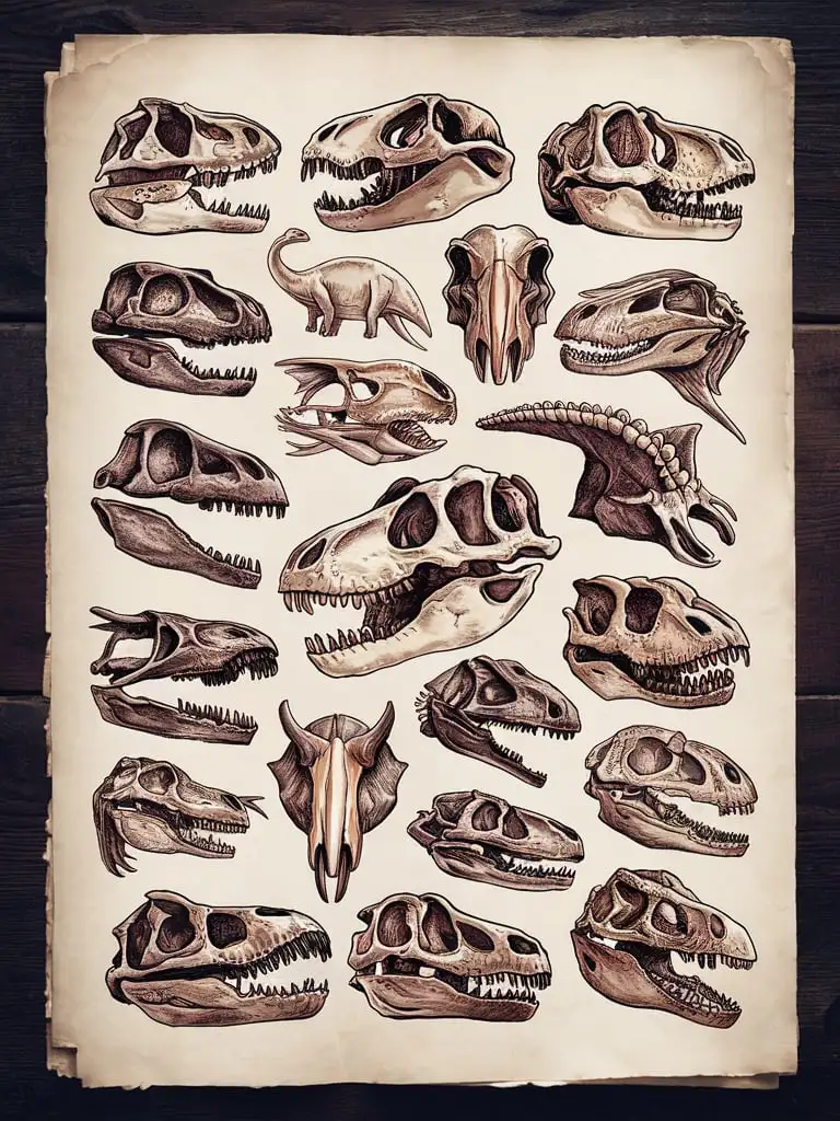 handrawn collage sketch on white background of 25 dinosaur skulls on old sketch style vintage one dinosaur per specie type