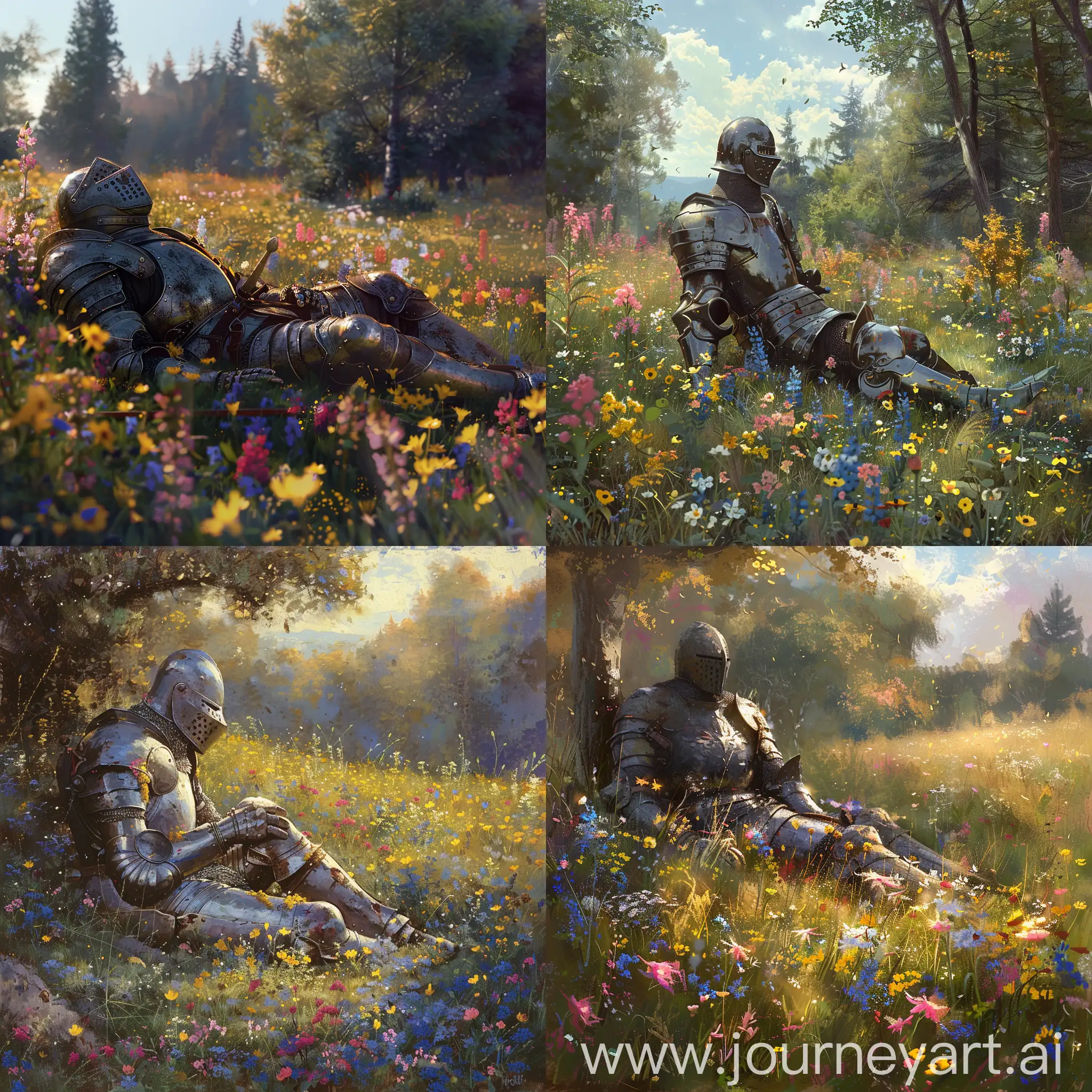 Weathered-Knight-Resting-in-Sunlit-Meadow-Amid-Vibrant-Wildflowers