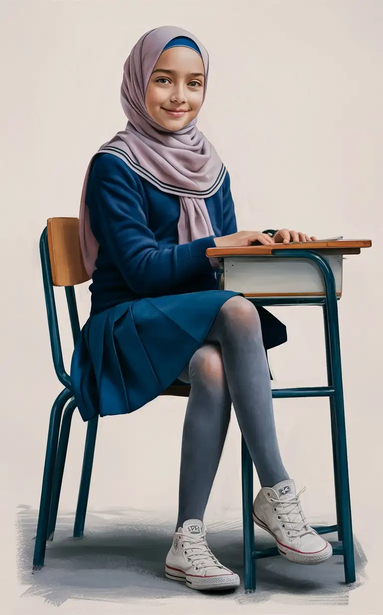A girl, 13 years old, hijab, tight blouse, navy blue school skirt, gray opaque nylon tights, white short converse shoes, in classroom. beautiful. Sits on the desk. Crossed legs. Side view