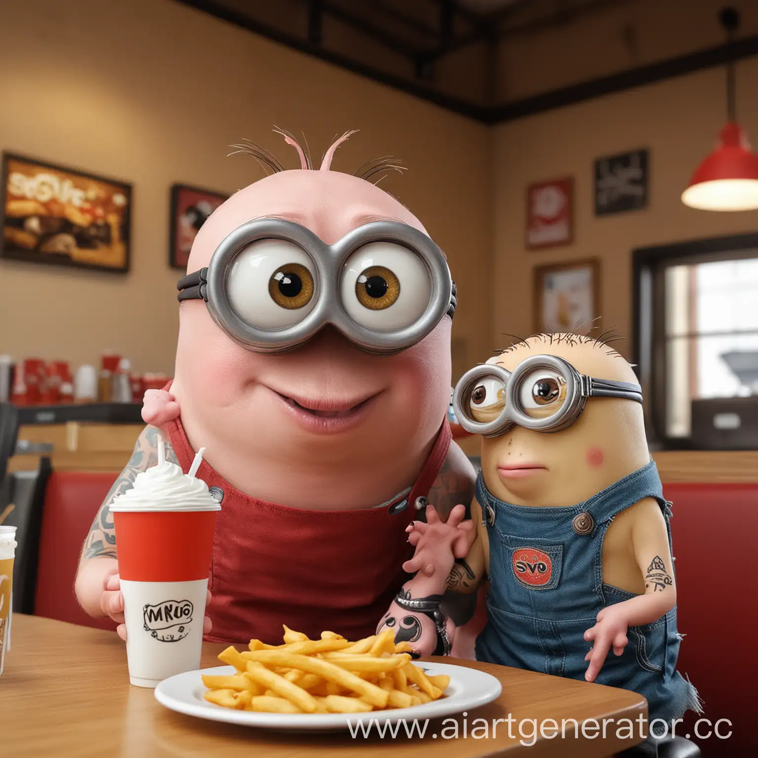 Minion-Eating-Piglet-Tattoo-SVO-Fast-Food-Restaurant-Scene