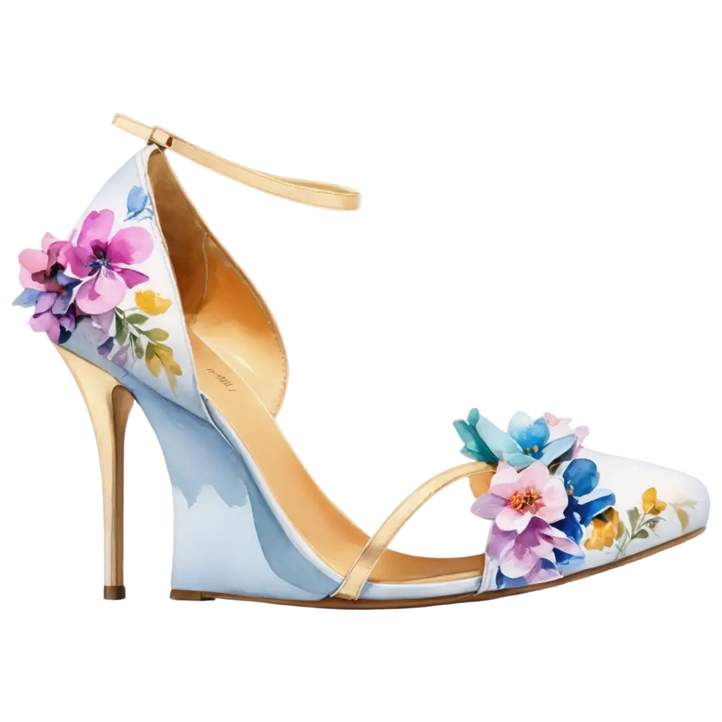 colorful  complamentry watercolor flower on top of a gold wedge style  high heel