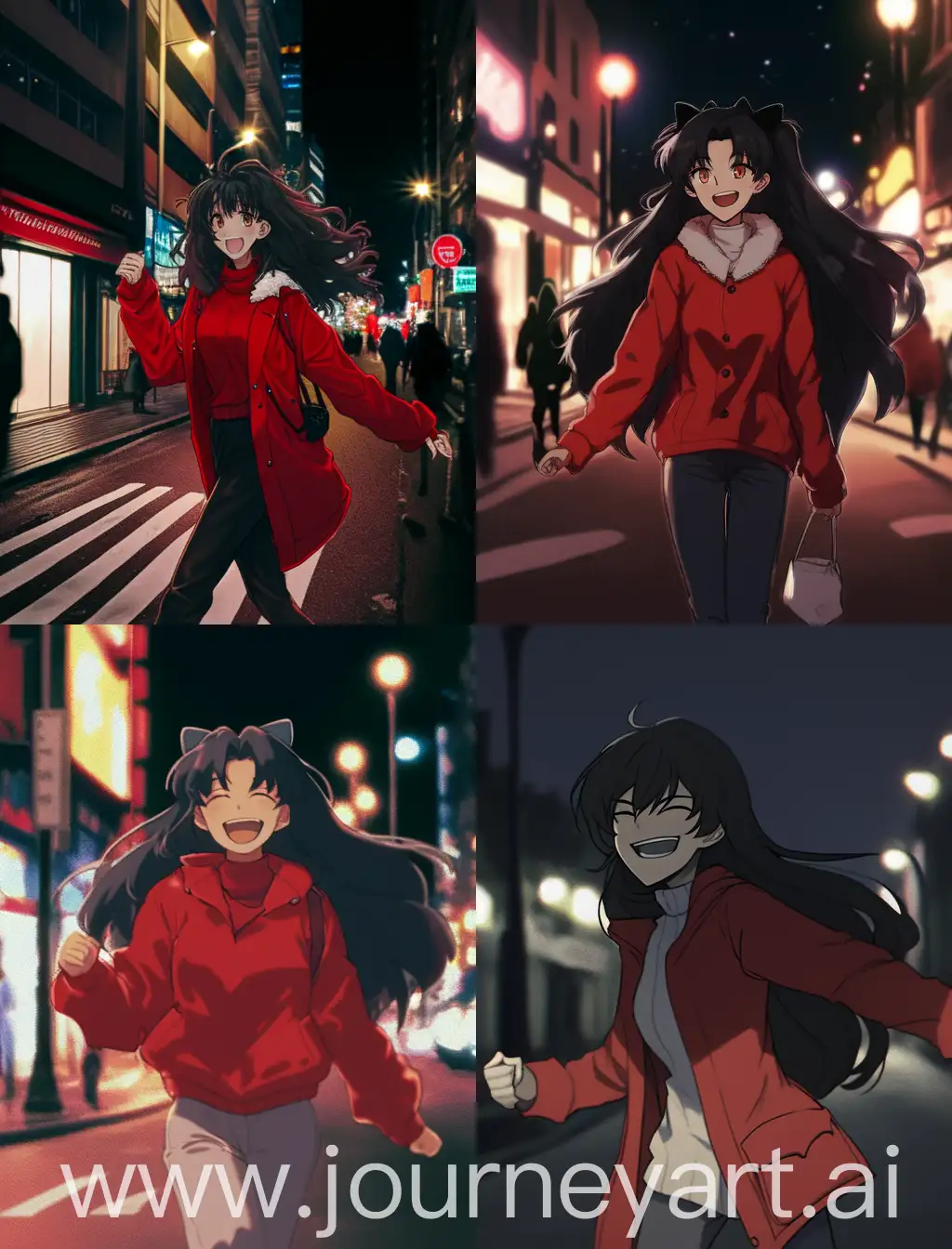 Girl-in-Red-Coat-Smiling-on-Night-Street