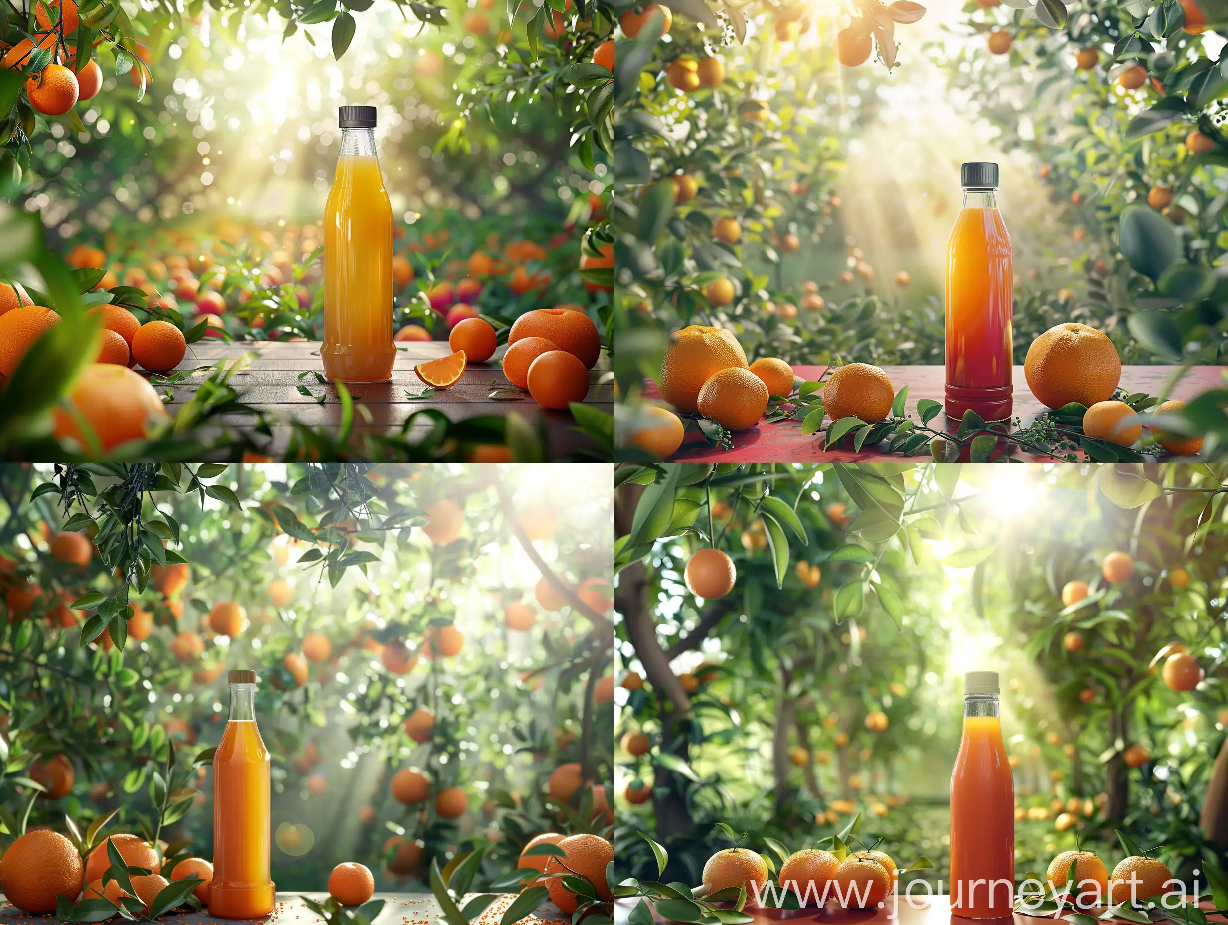 Create a hyper-realistic narrow bottle of orange juice on a table in an orange grove with greenery, oranges and a little red, and light shining through the branches of the trees.  There are some oranges on the table with a bright gradient that looks like a photo studio, its front view
