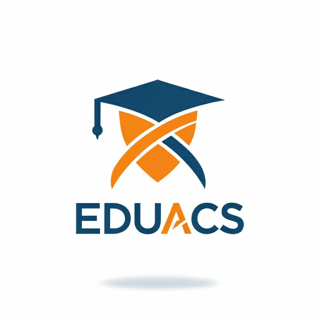a logo design, with the text 'edu acs', main symbol: this character logo with a university hat, moderate, to be used in the Education industry, clear background this color range 02bd2. The 'E' character is the big one. The hat is on the side of the last character this color orange wanting to be dark and, the others with gradient color