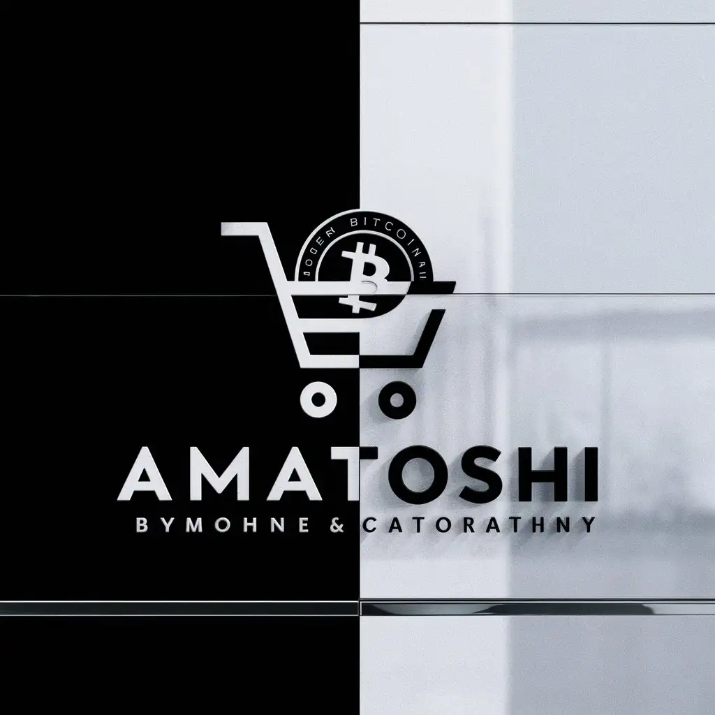 a logo design,with the text 'Amatoshi', main symbol:a shopping cart full of bitcoin,Moderate,clear background black and white,Minimalistic,clear background
