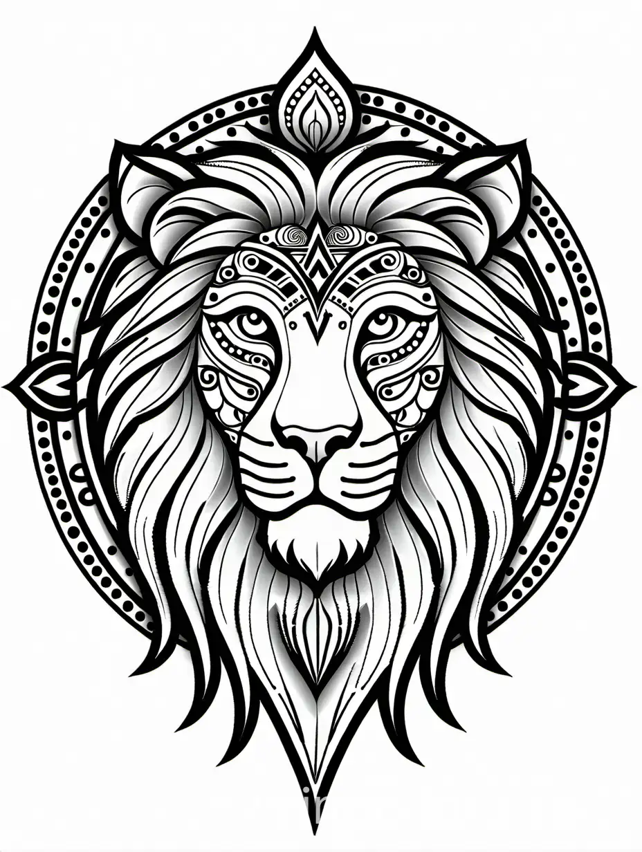 a single easy mandala in the shape of a lion's head, Coloring Page, black and white, line art, white background, Simplicity, Ample White Space. The background of the coloring page is plain white to make it easy for young children to color within the lines. The outlines of all the subjects are easy to distinguish, making it simple for kids to color without too much difficulty