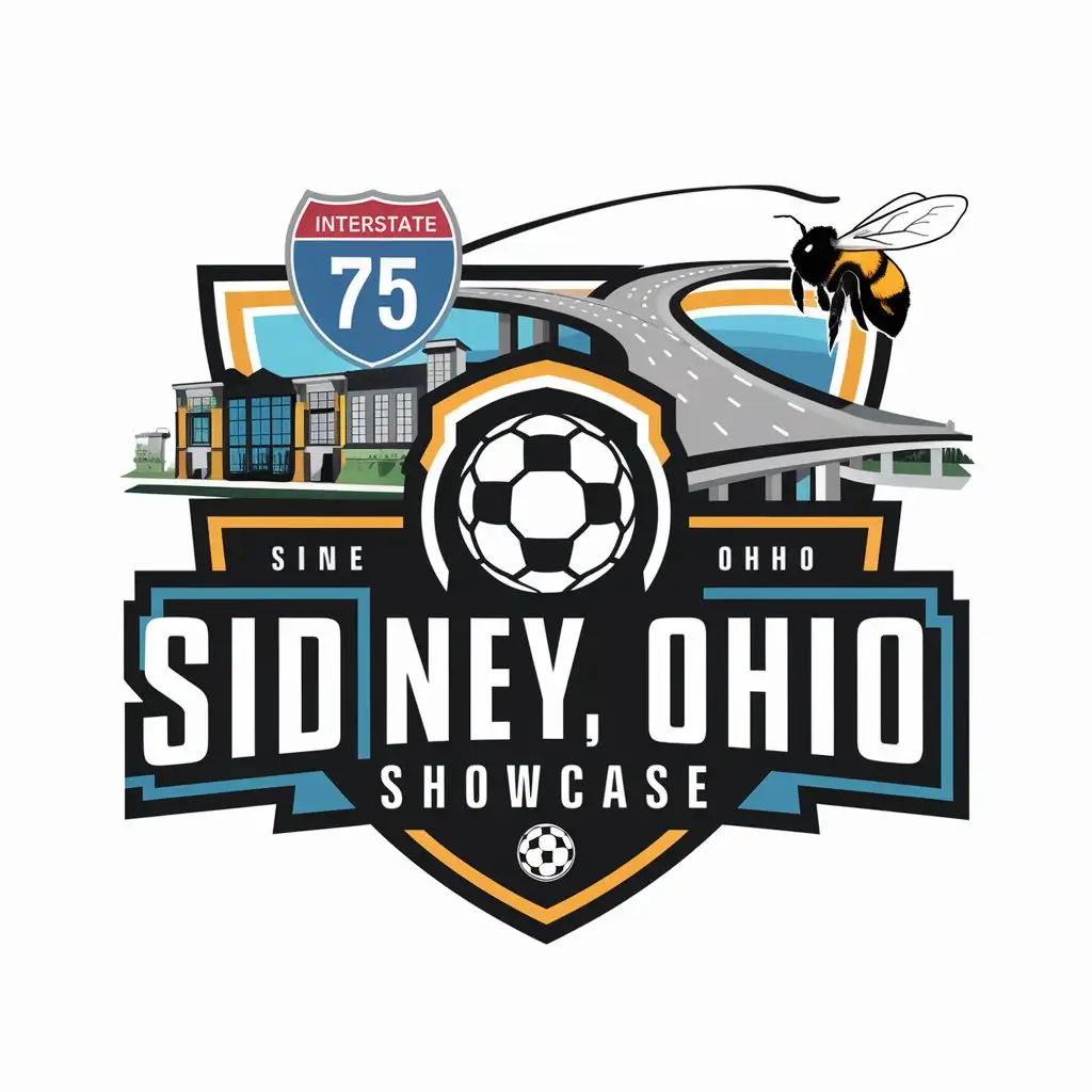 LOGO-Design-For-Sidney-Ohio-Showcase-Dynamic-Soccerball-and-Interstate-75-Theme-with-Bumblebee-Accent