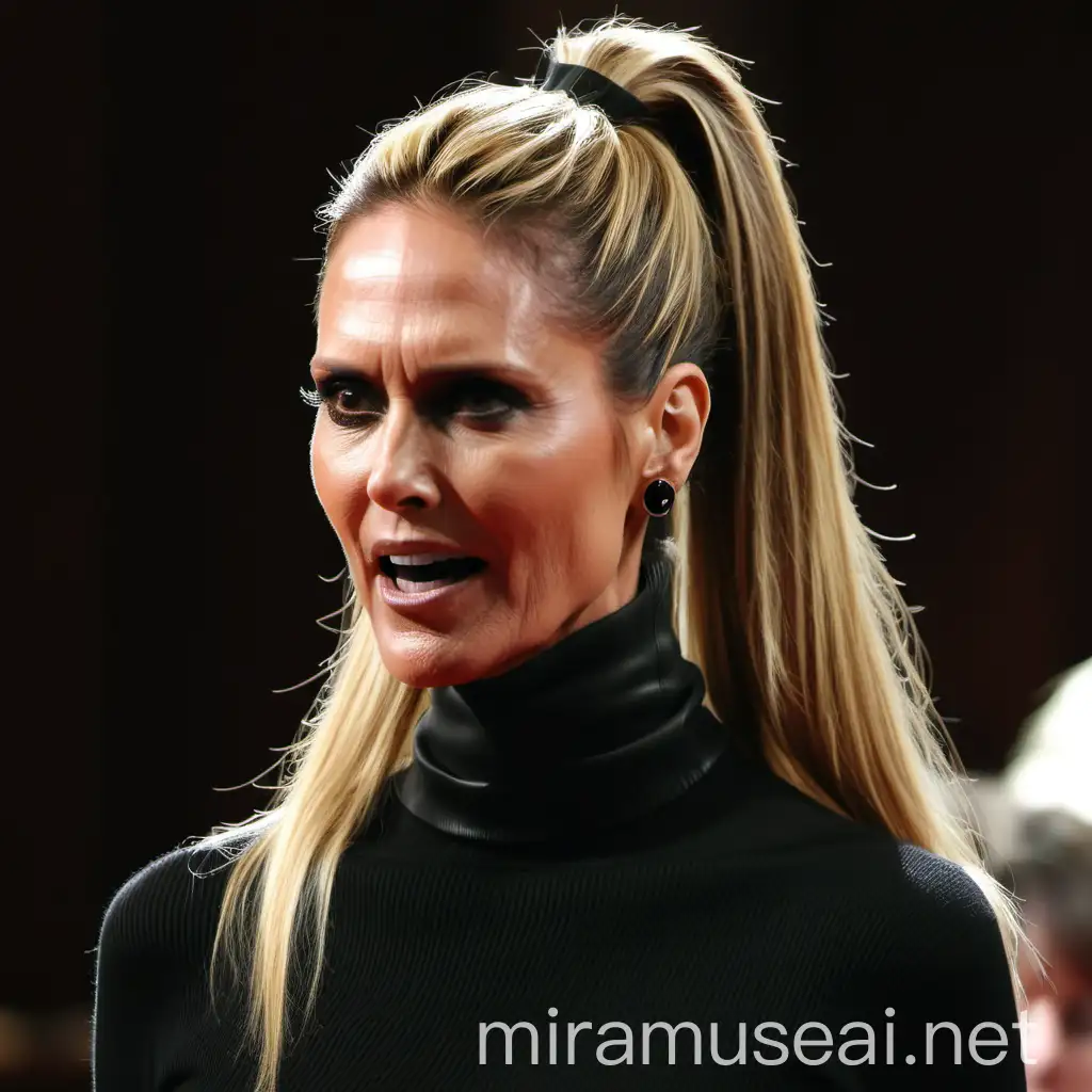 Heidi Klum, wearing tight black choker neck sweater in church, long kinky hair in a high ponytail