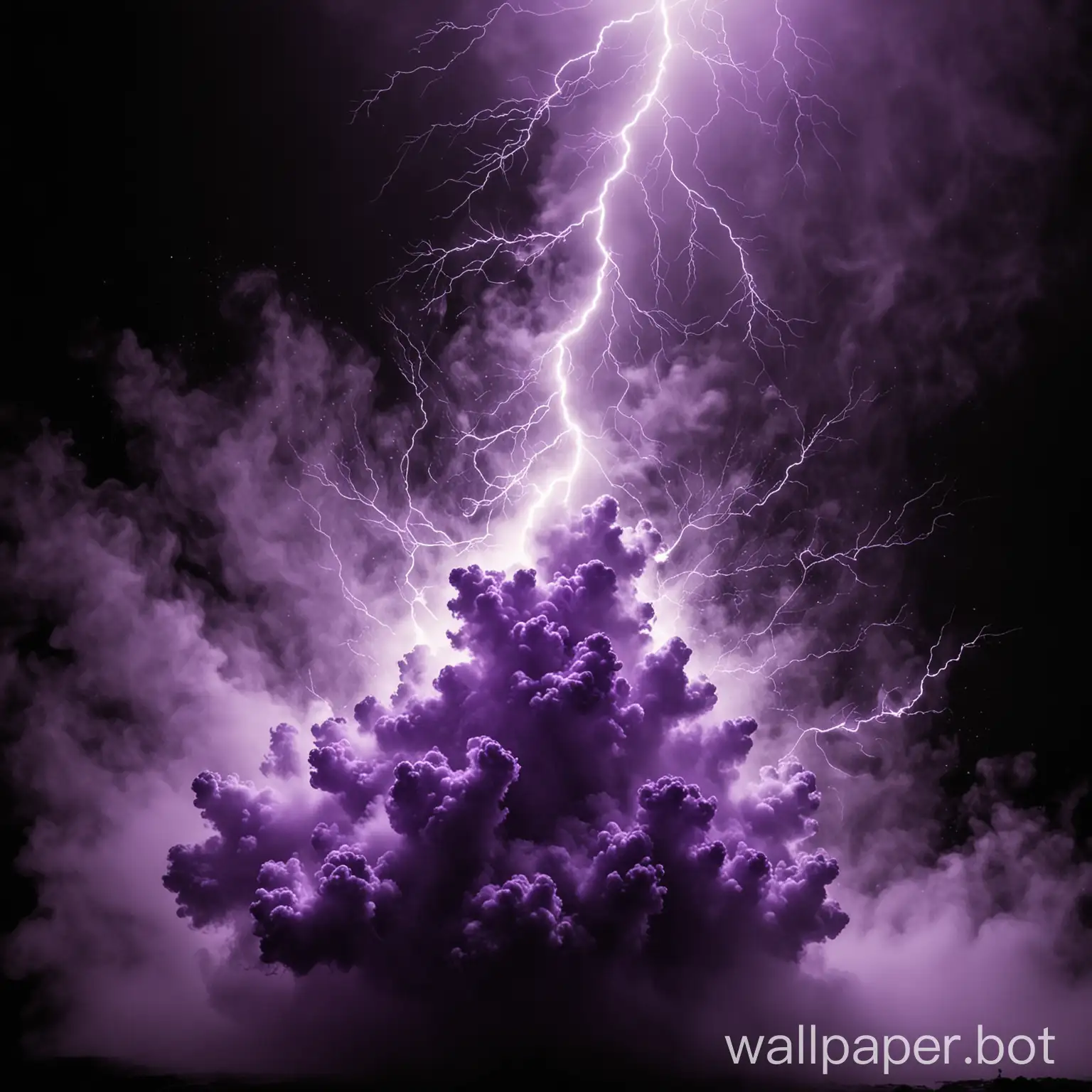 Draw several violet clusters of mist with lightning flashing in them on a black background.