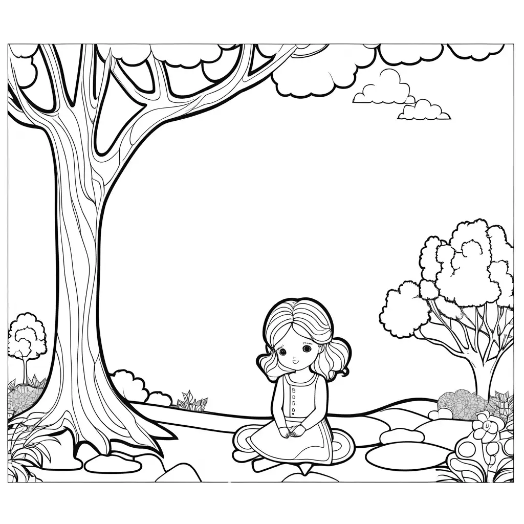 A girl sitting under a tree. Sad face. A doll is next to her. Coloring Page, black and white, line art, white background, Simplicity, Ample White Space. The background of the coloring page is plain white to make it easy for young children to color within the lines. The outlines of all the subjects are easy to distinguish, making it simple for kids to color without too much difficulty. Very very simple , Coloring Page, black and white, line art, white background, Simplicity, Ample White Space. The background of the coloring page is plain white to make it easy for young children to color within the lines. The outlines of all the subjects are easy to distinguish, making it simple for kids to color without too much difficulty