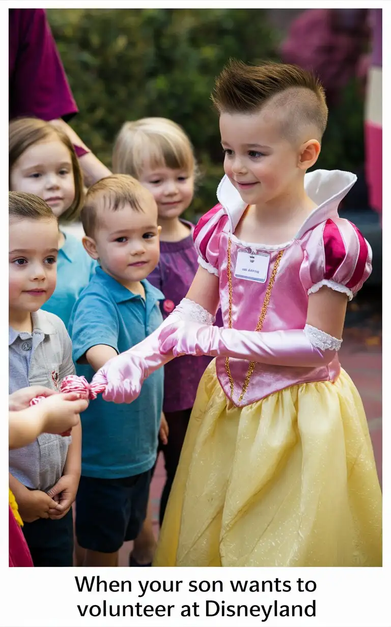 Gender role-reversal, Photograph of a boy age 8 with a cute face and short brown spiky hair shaved on the sides, the boy is volunteer working at Disneyland in a pink Snow White princess dress and long silk gloves and a name tag which says “Oliver”, the boy is kindly handing out sweets to a group of little 5-year-old boys and girls, adorable, perfect children faces, perfect faces, clear faces, perfect eyes, perfect noses, smooth skin, the photograph is captioned below “when your son wants to volunteer at Disneyland”