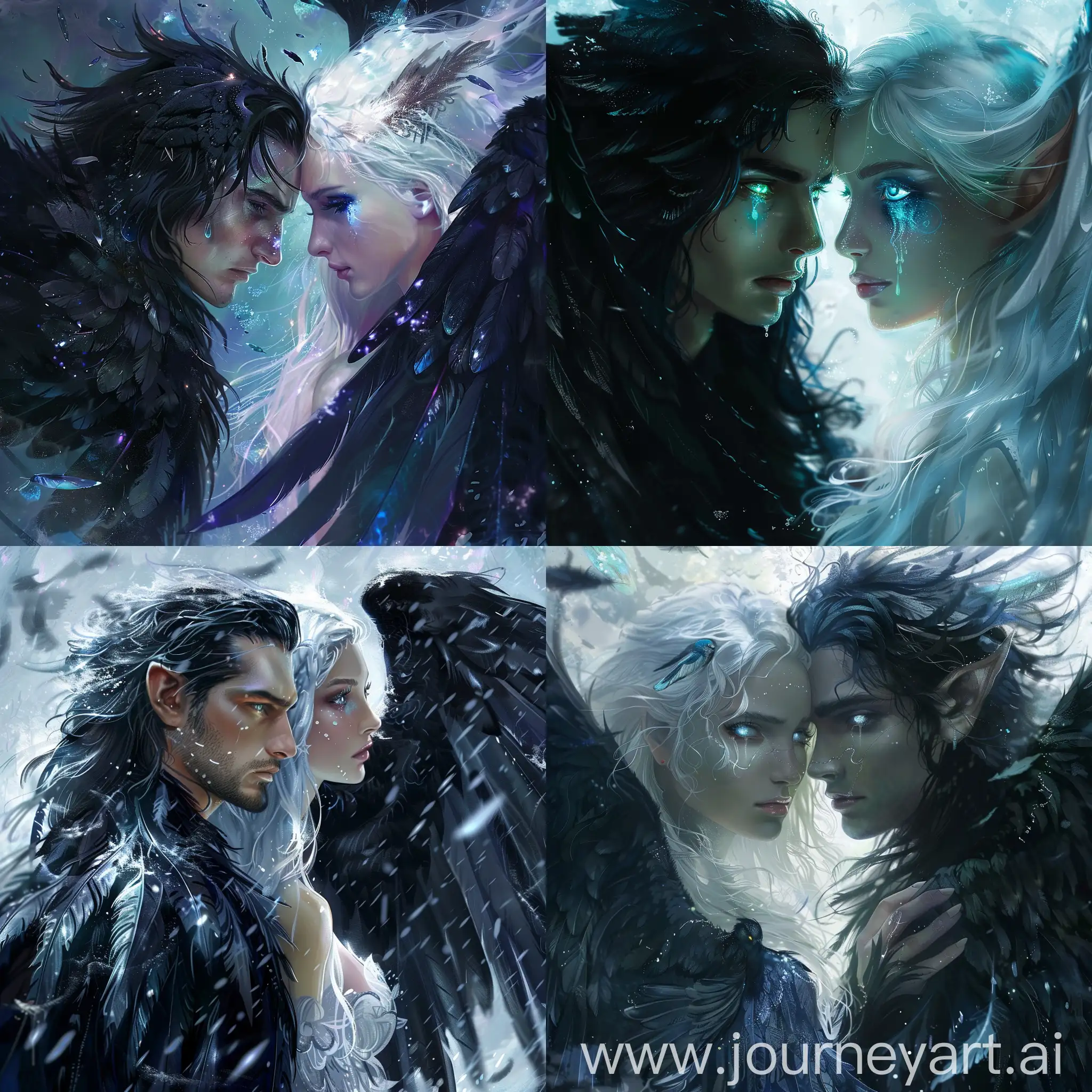 Fae man with dark hair, iridescent eyes that glow, stardust tears, and black feathered wings, With fae woman with long white hair, and blue eyes that glow white, Windy thunder could background