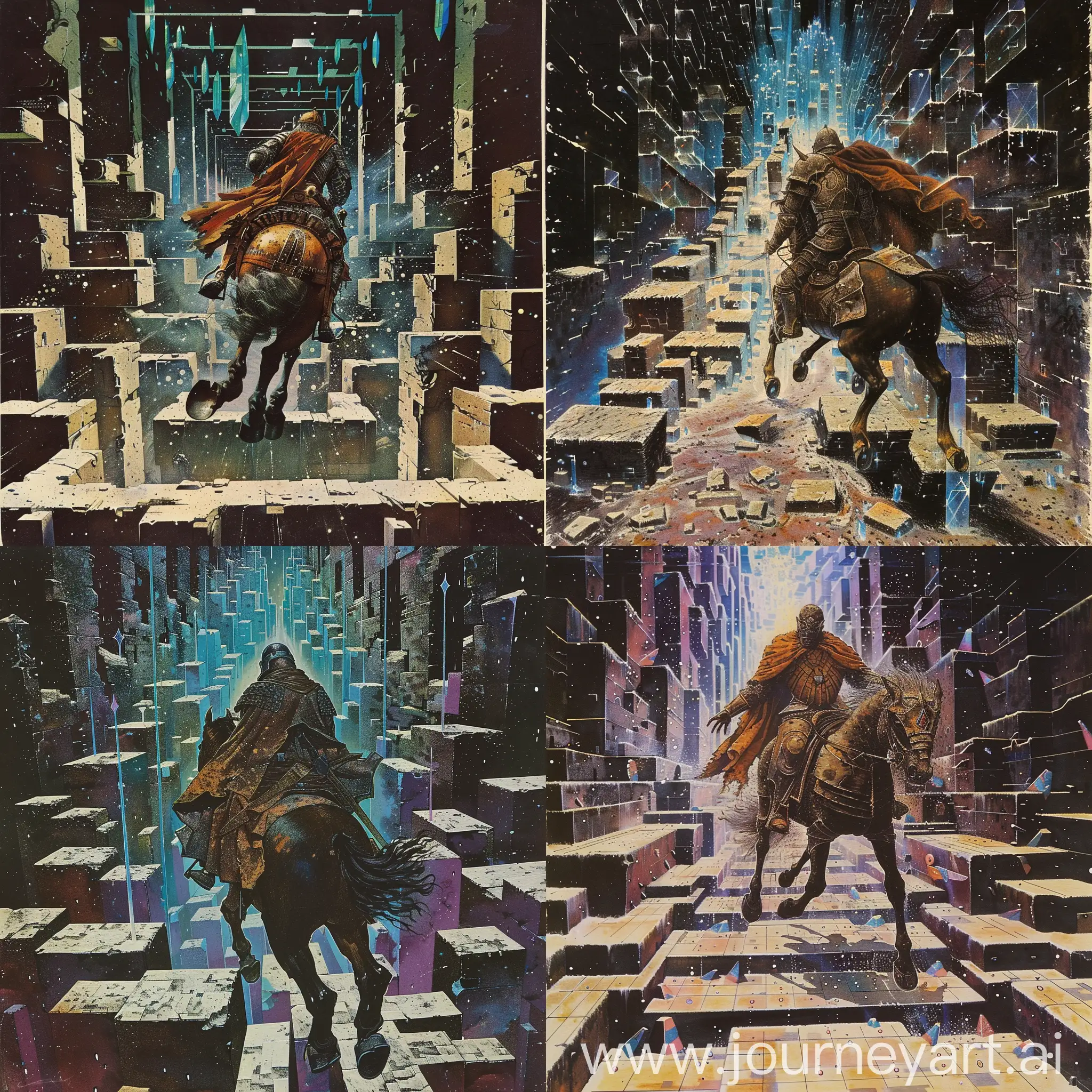 1970's dark fantasy book cover paper art dungeons and dragons style drawing of a knight, draped in rusting armor, atop a horse of pure shadow, charging through a maze of luminous, floating prisms.